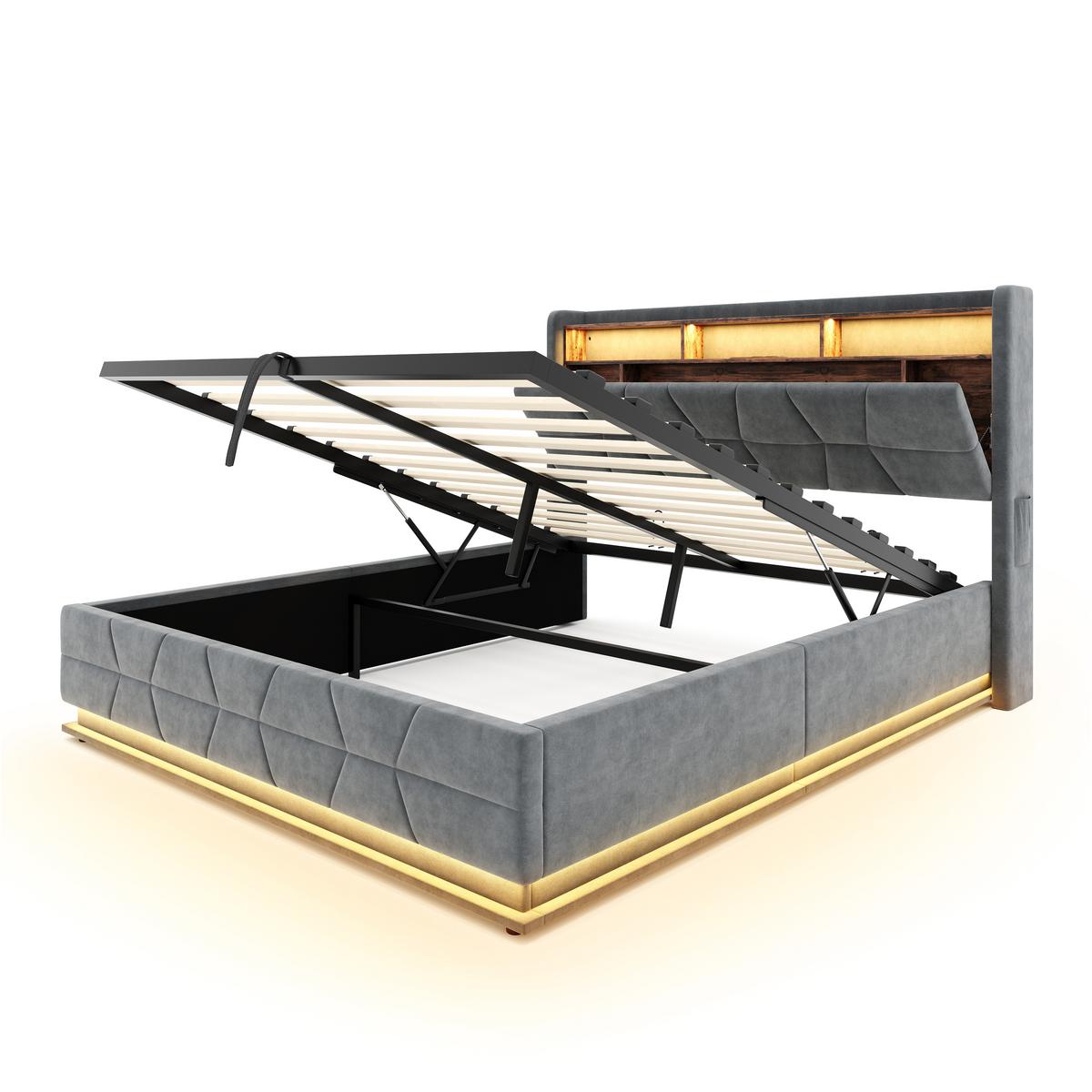 POLSTERBETT samt dunkelgrau 160x200 cm mit led-beleuchtung & usb-ladestation - Dunkelgrau, Textil (160/200cm) - Urban Meuble