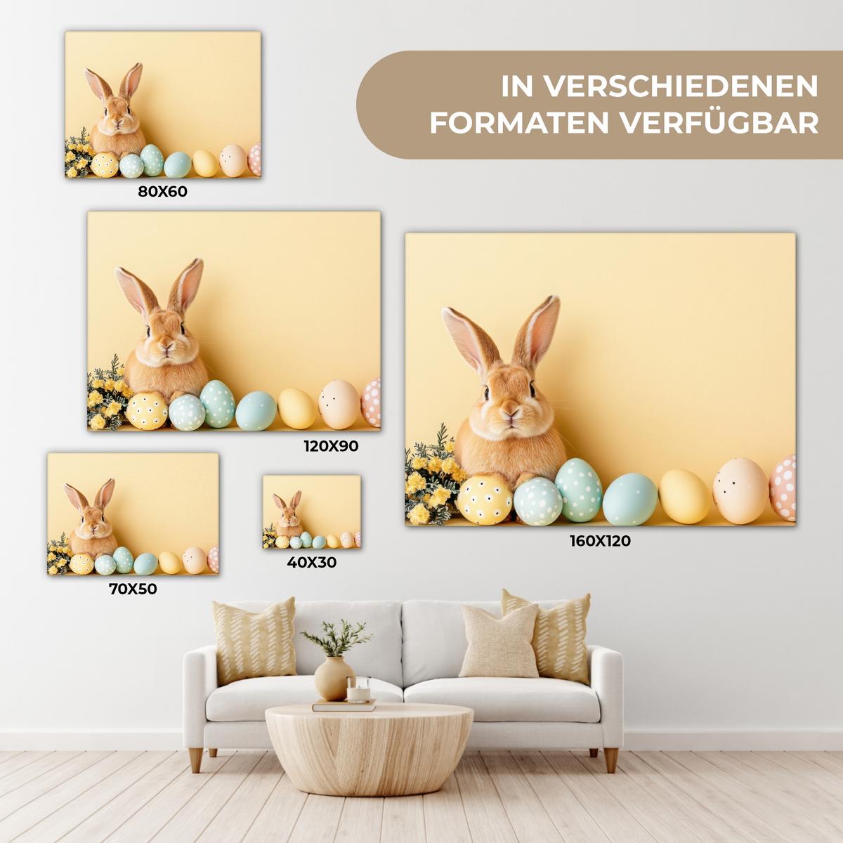 LEINWANDBILD Eier - Kaninchen - Pastellfarbtöne Wandbild 40x30 cm - Hellgelb, Textil (40/30cm) - MuchoWow