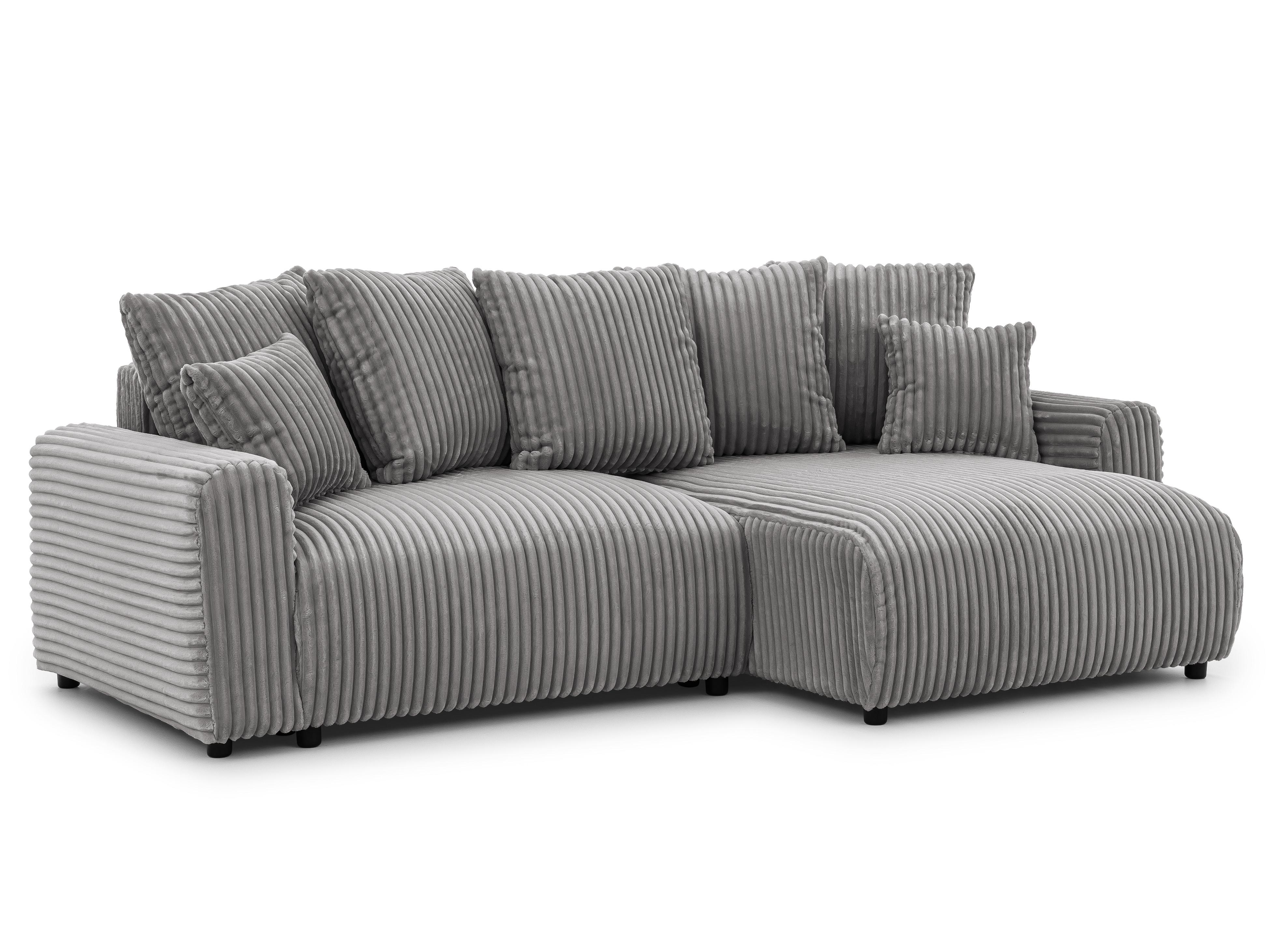 ECKSOFA Calma mit Schlaffunktion und Bettkasten im Bumpy-Design aus weichem Grau Plüschcord - Ottomane rechts - Schwarz/Grau, Holz/Kunststoff (140/239cm) - S-Style