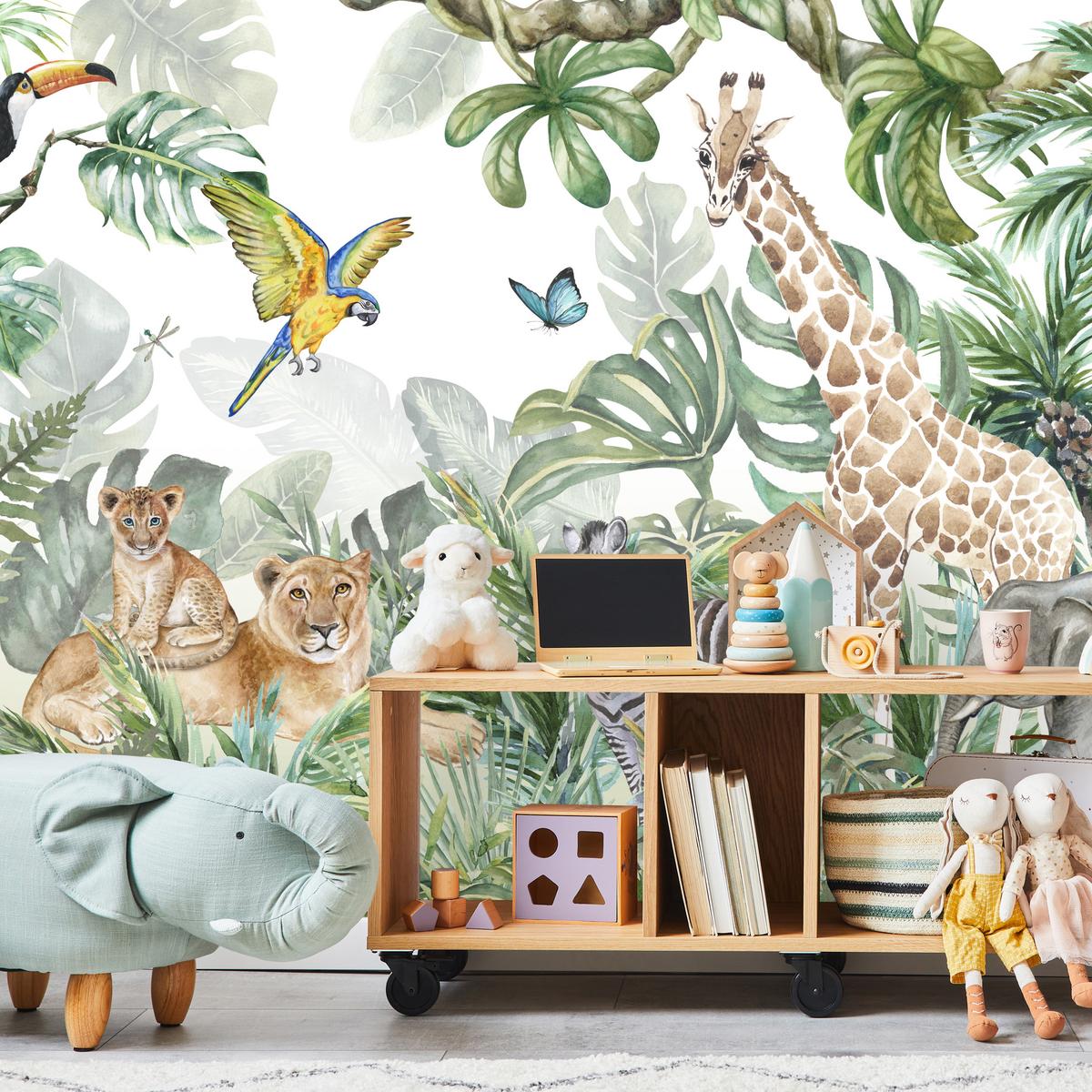 FOTOTAPETE für Kinderzimmer Tropen Dschungel Tiere Palmen Monstera 400x280 - Beige/Orange, Papier (400/280cm) - Muralo