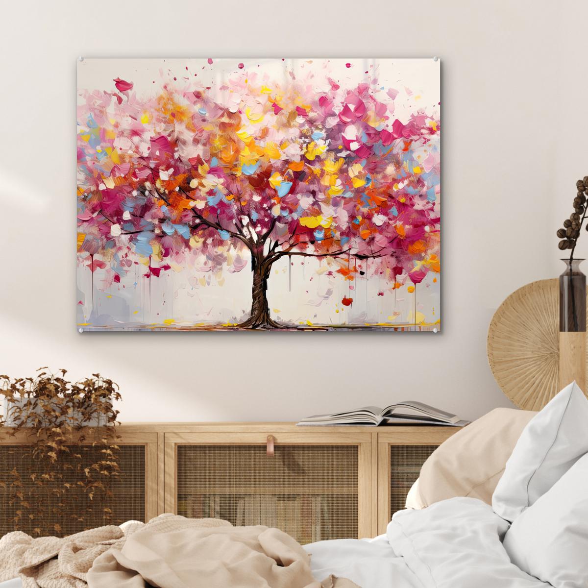 ACRYLGLASBILD Aquarell - Baum - Kunst - Abstrakt 80x60 cm - Multicolor, Glas (80/60cm) - MuchoWow