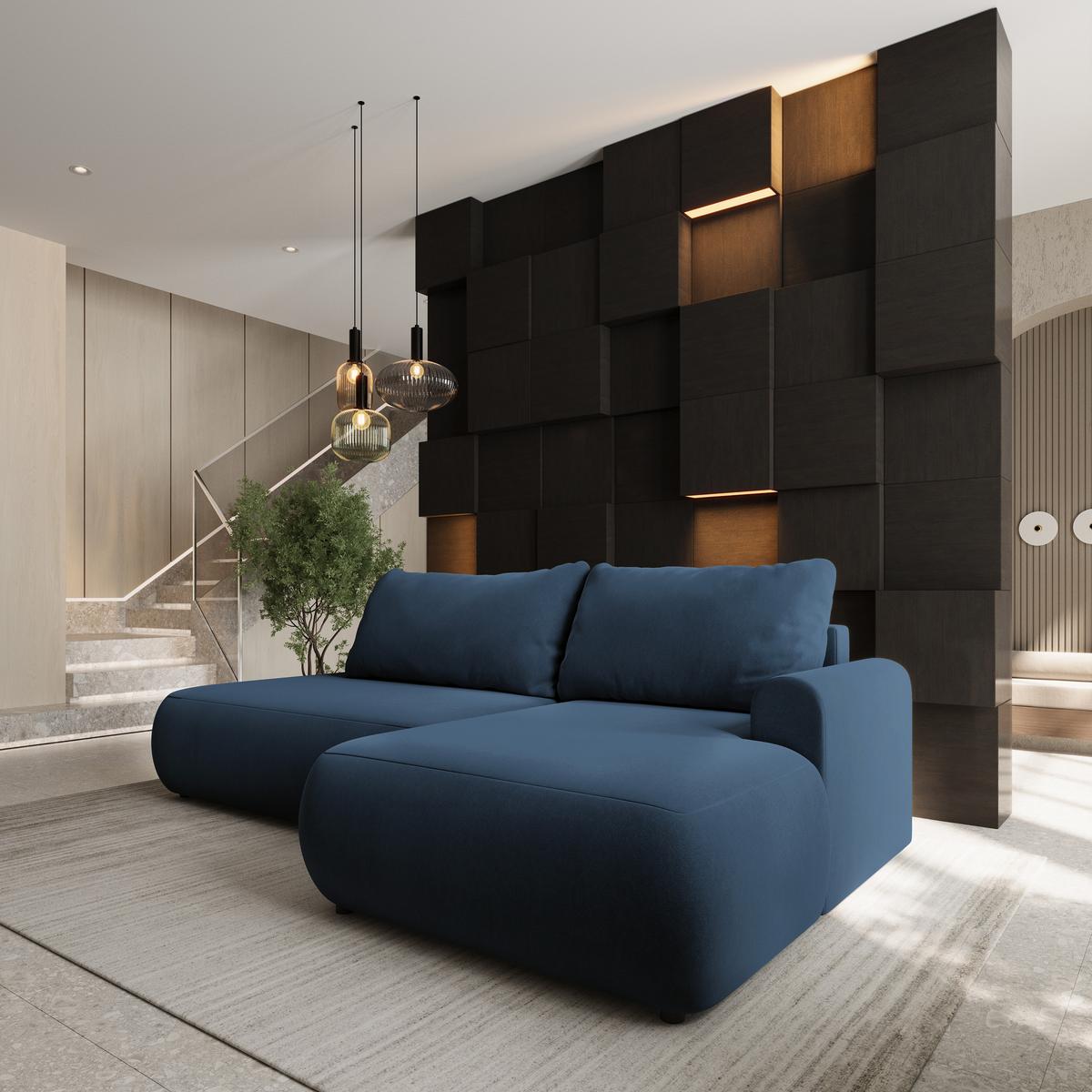 ECKSOFA NUVIRA CL R-S Blau Samtstoff mit Schlaffunktion - Blau, Holzwerkstoff/Textil (279/158cm) - MASSENO