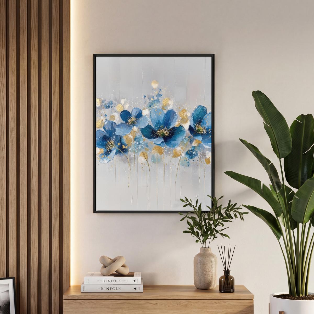LEINWAND Bilder mit Rahmen - Blumen - Blau - Abstrakt - 50x70 - Hellgrau, Textil (50/70cm) - MuchoWow