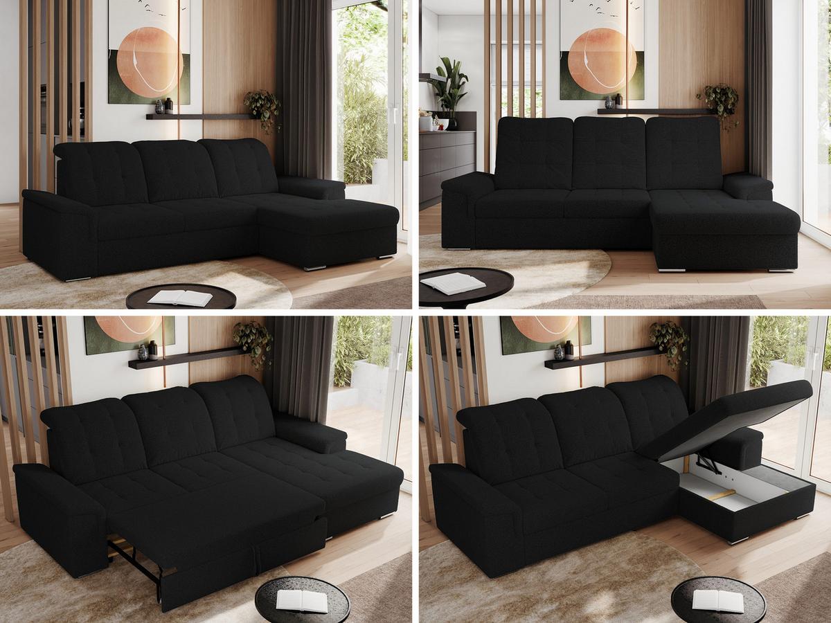 ECKSOFA MADRITO L - Schwarz Boucle - Rechts - Silberfarben/Schwarz, Textil/Metall (256/160cm)