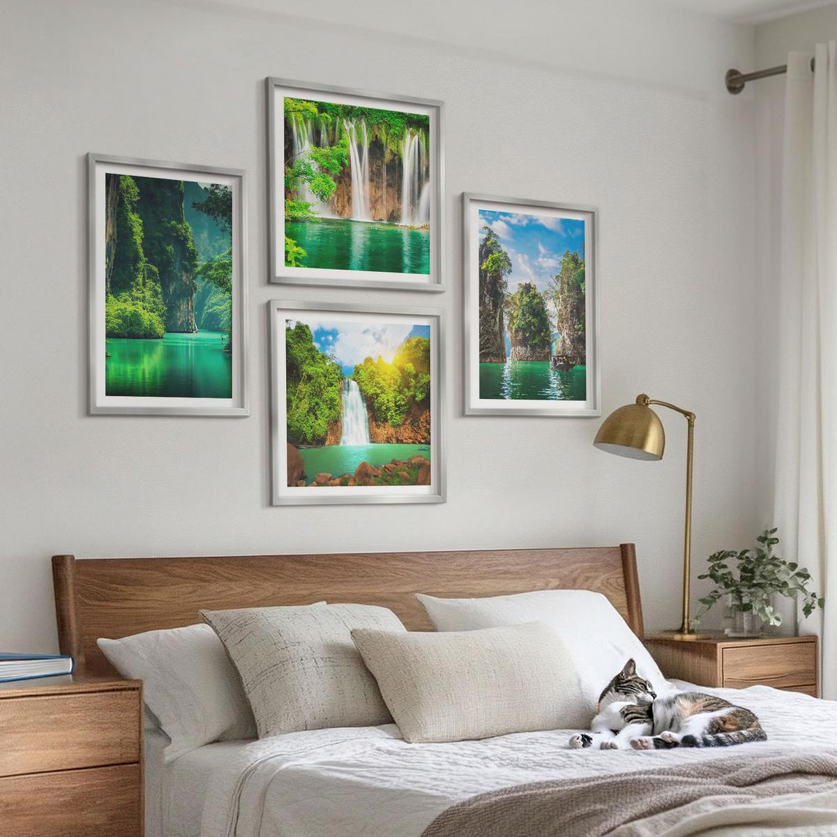 BILDER SET 4er Set - 50x50 cm & 40x60 cm Silberner Rahmen - Grüne Landschaften, Wasserfälle - Silberfarben, Kunststoff (50/50cm) - TULUP