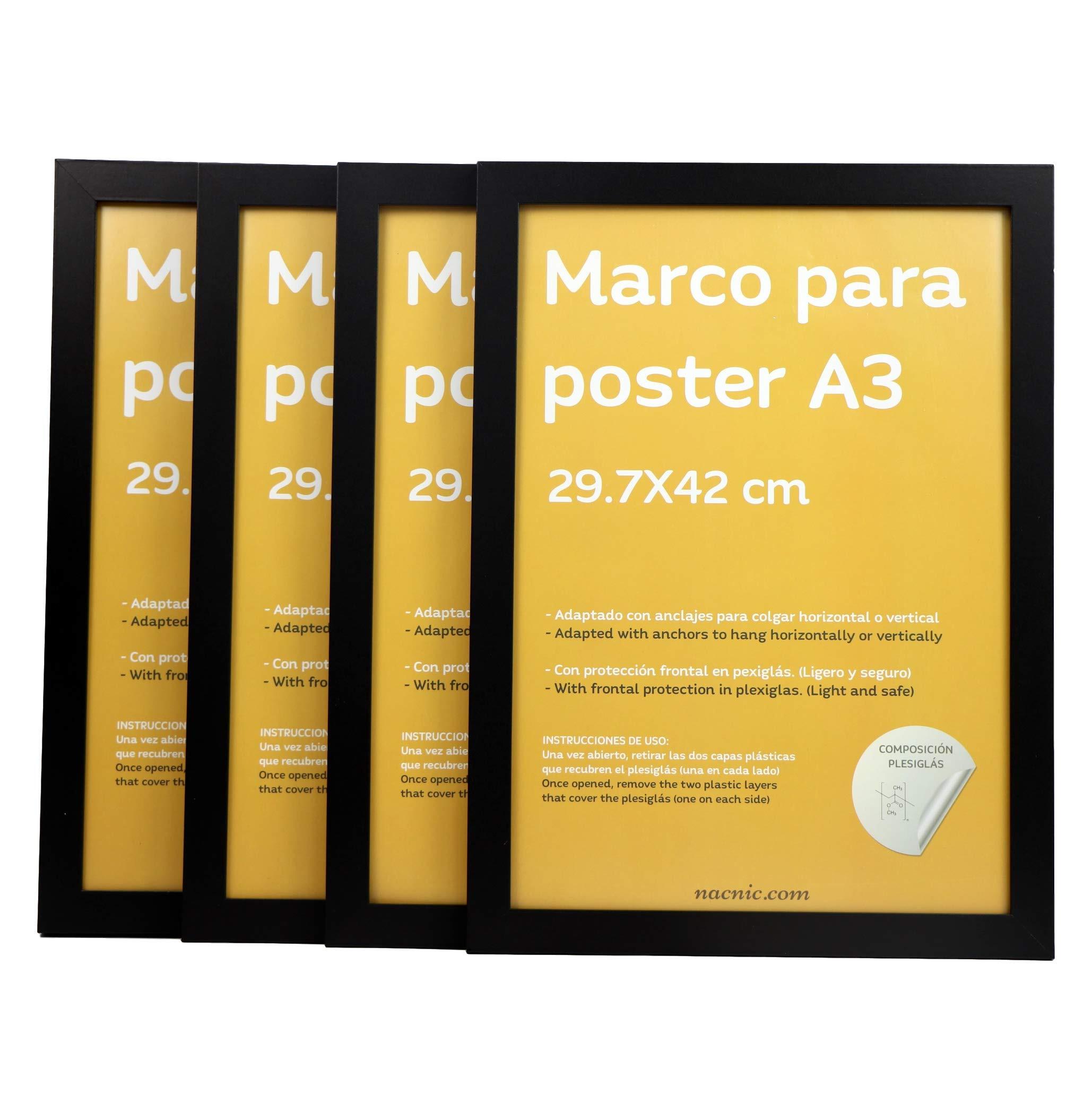 RAHMEN Set mit 4 aus MDF und Acrylglas Schutz und Aussteller für Fotografien, Bilder, Poster, Gemälde, Dekoration für Haus Farbe Schwarz A3 - Schwarz, Holz (29.7/3cm) - Nacnic
