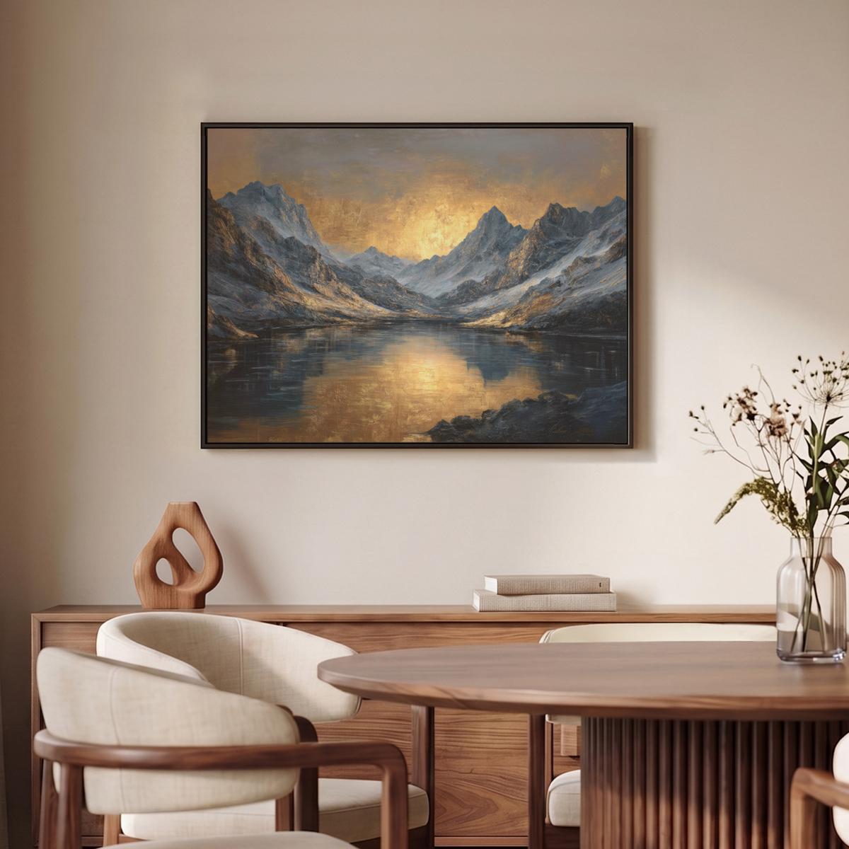 LEINWAND Bilder mit Rahmen - Bergkulisse mit goldenem Sonnenuntergang - 70x50 - Goldfarben, Textil (70/50cm) - MuchoWow