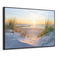 LEINWAND Bilder mit Rahmen - Strand - Sonne - Düne - Gras - Sand - Horizont - 140x90 - Hellblau, Textil (140/90cm) - MuchoWow