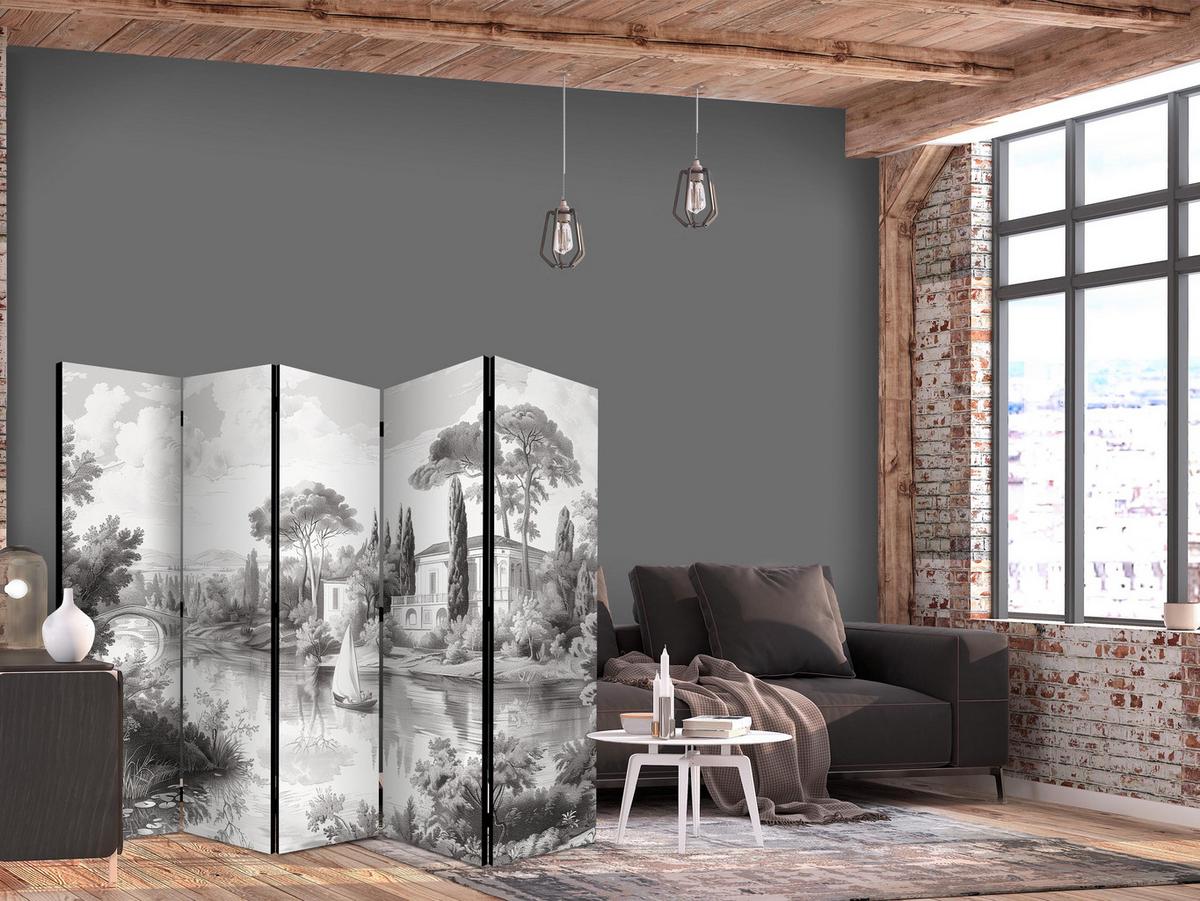 PARAVENT Beidseitig Bedruckter 5-tlg 225x172 cm Retro Fluss Landschaft - Grau, Holz/Textil (225/172/3cm) - Muralo