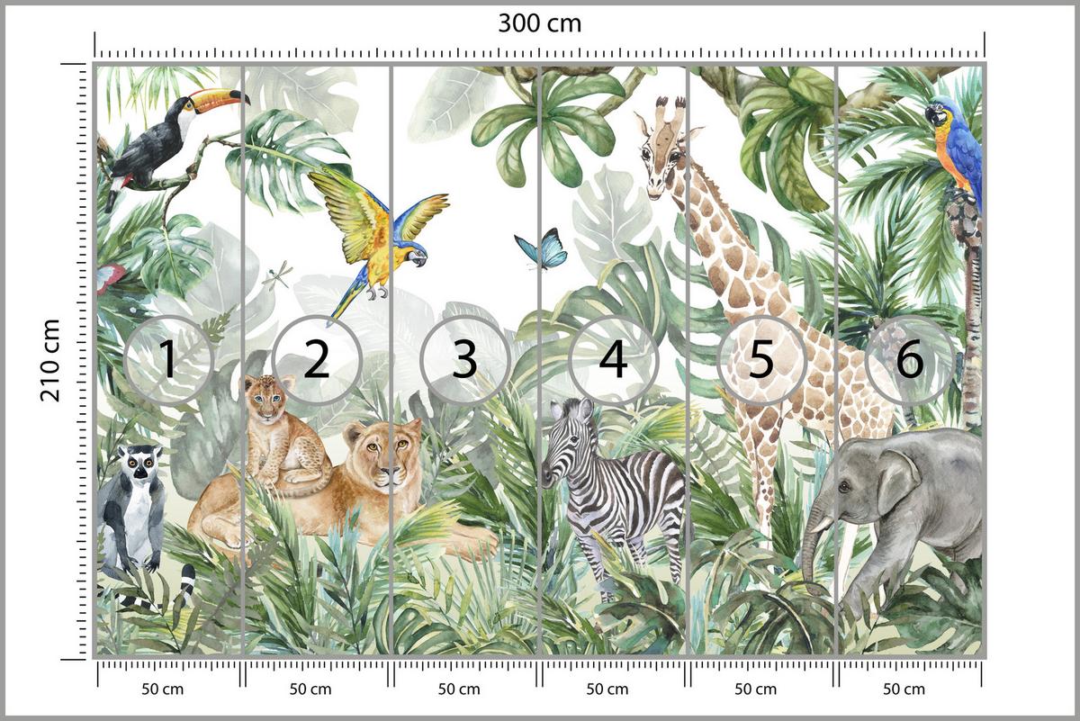 FOTOTAPETE für Kinderzimmer Tropen Dschungel Tiere Palmen Monstera 300x210 - Beige/Orange, Papier (300/210cm) - Muralo