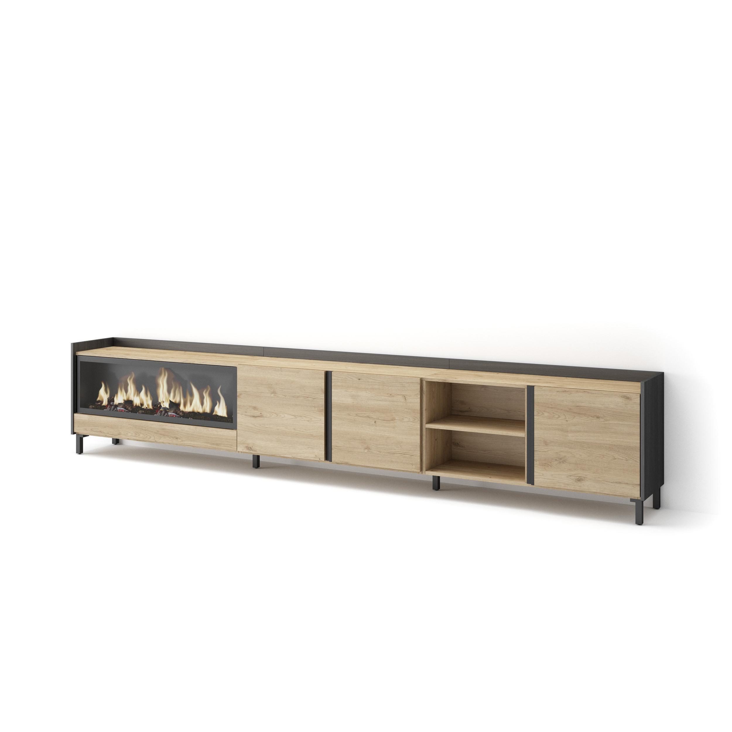 LOWBOARD, Eiche und Schwarz, 315/35/61cm, Kamin mit Feuereffekt XXL - Eichefarben, Holzwerkstoff (315/61/35cm) - Skraut Home