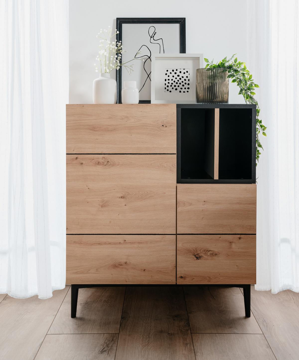 KOMMODE Eiche Artisan, schwarz 80 x 90 cm, Schrank 2-türig mit 7 Fächern - Schwarz/Eiche Artisan, Holzwerkstoff (80/90/42cm) - Furn.Design