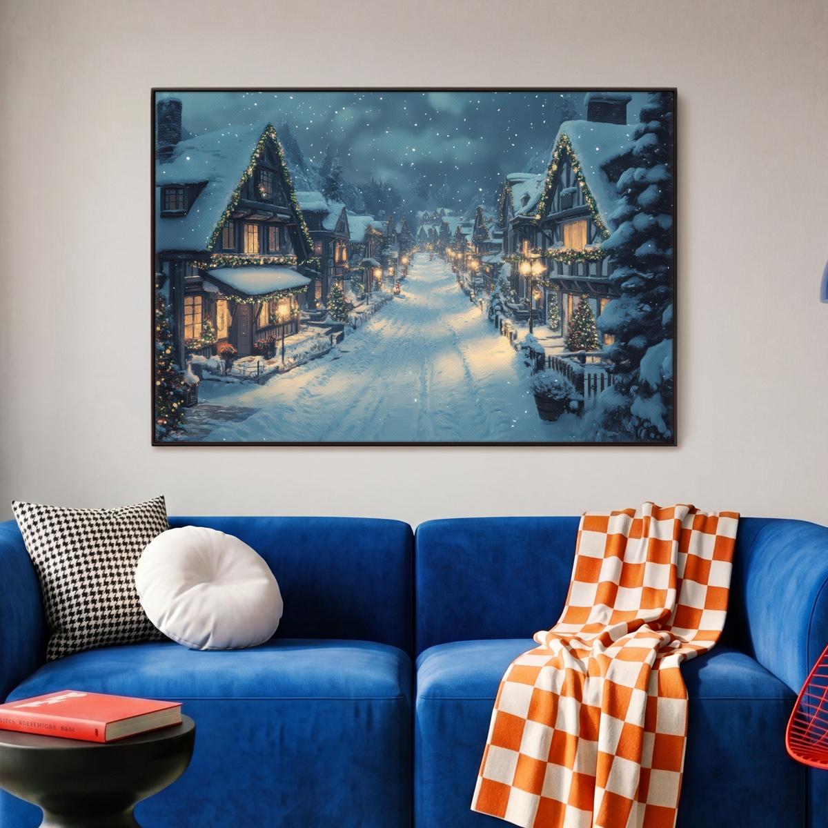 LEINWAND Bilder mit Rahmen - Weihnachtsdorf - Weihnachten - Schnee - Winter - 90x60 - Dunkelblau, Textil (90/60cm) - MuchoWow