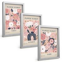 BILDER SET 3er Set - 20x30 cm Silberner Rahmen - Blumenmotive Tokio London Paris - Silberfarben, Kunststoff (20/30cm) - TULUP