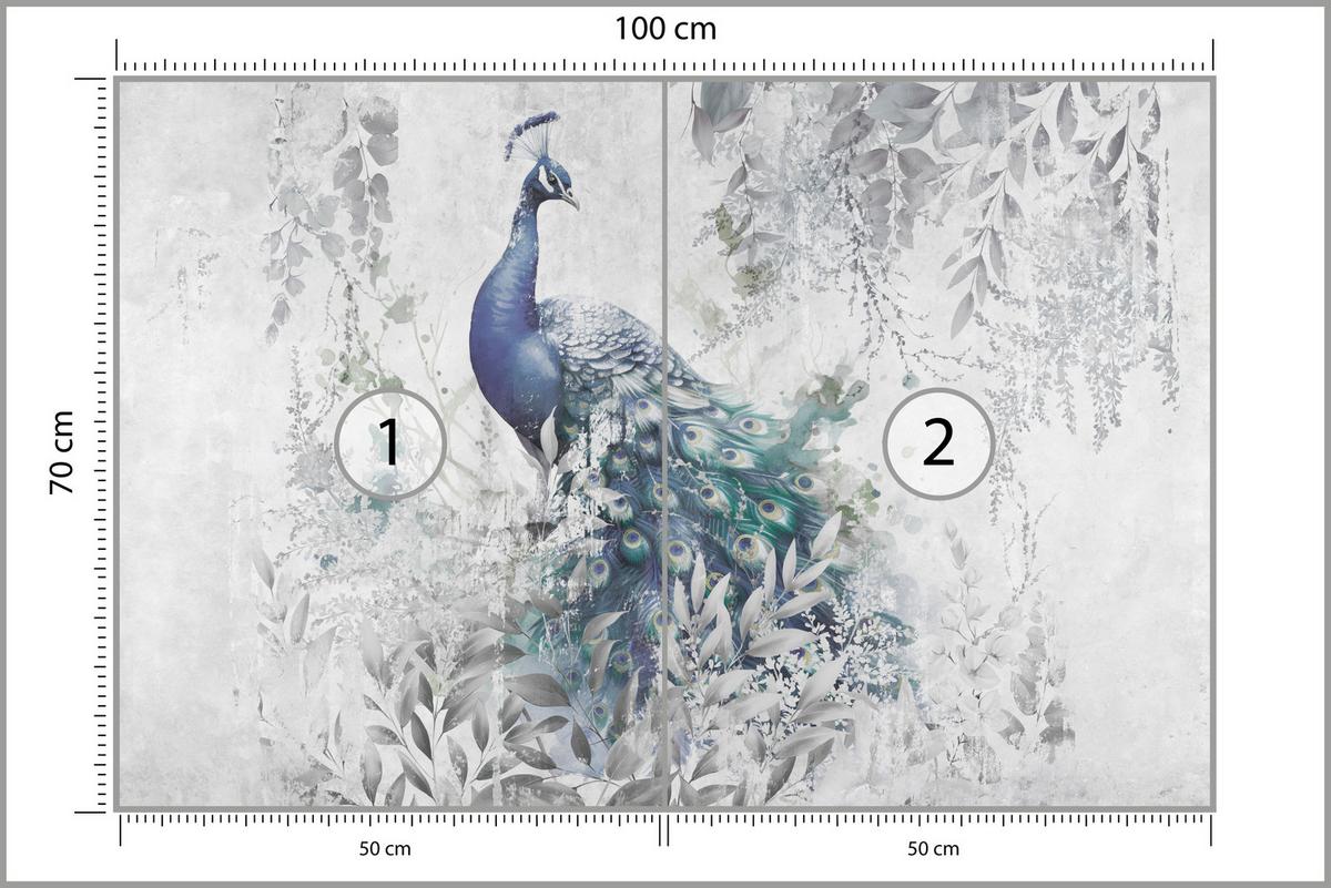FOTOTAPETE für Schlafzimmer Abstrakte Vogel Pfau Beton Blätter 100x70 - Türkis/Blau, Papier (100/70cm) - Muralo