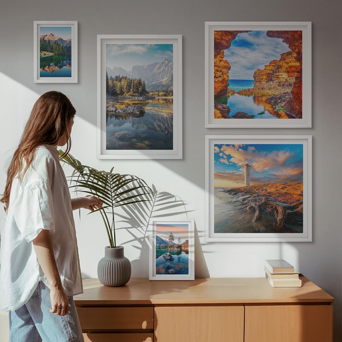 BILDER SET 5er Set - 50x50 cm & 20x30 cm & 40x60 cm Weißer Rahmen - Aussicht Paris New York Treppen - Weiß, Kunststoff (40/60cm) - TULUP