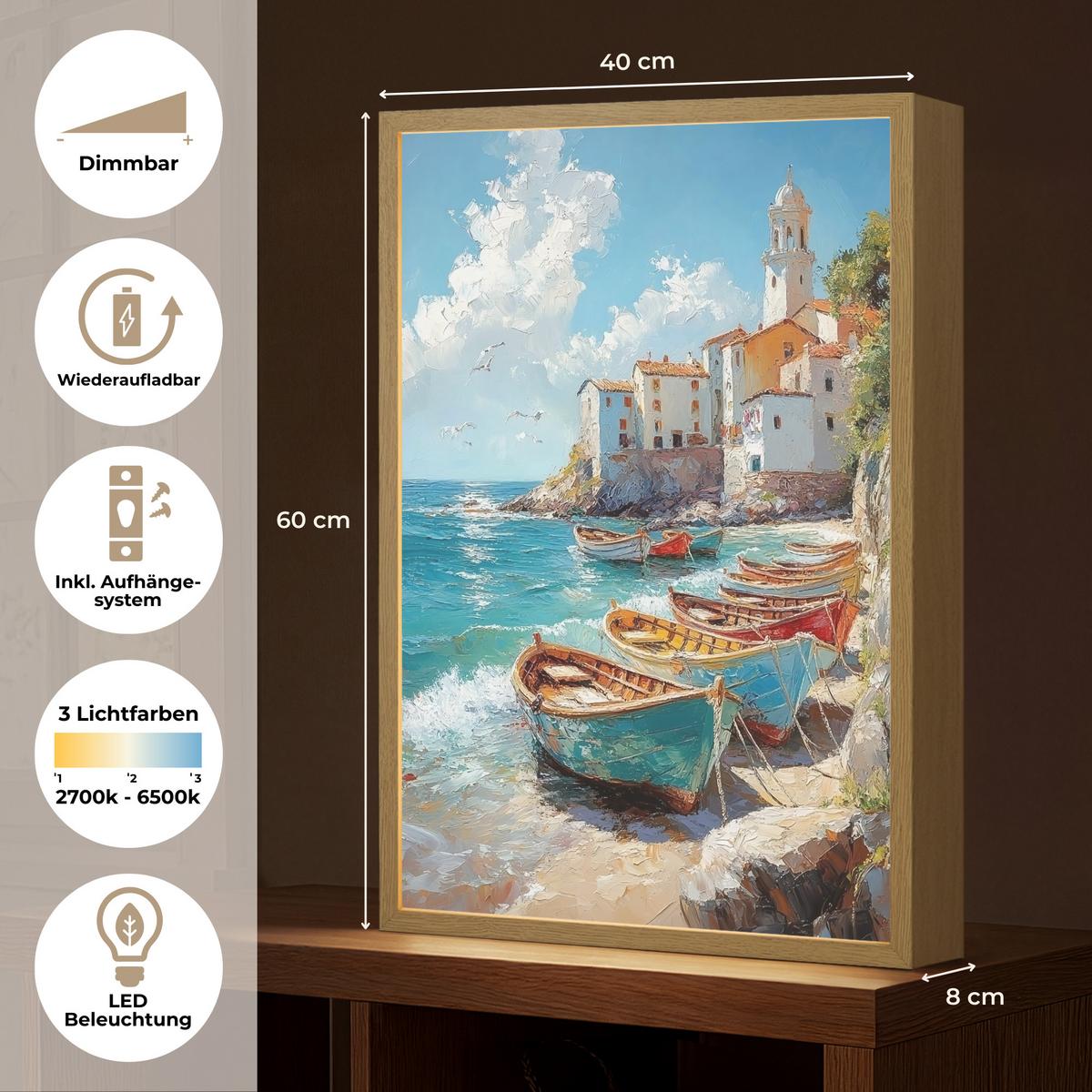 WANDLEUCHTE MIT AKKU Boote - Felsen - Meer - Sonne 40x60 cm - Blau, Holzwerkstoff (40/60/8cm) - OnlyWow