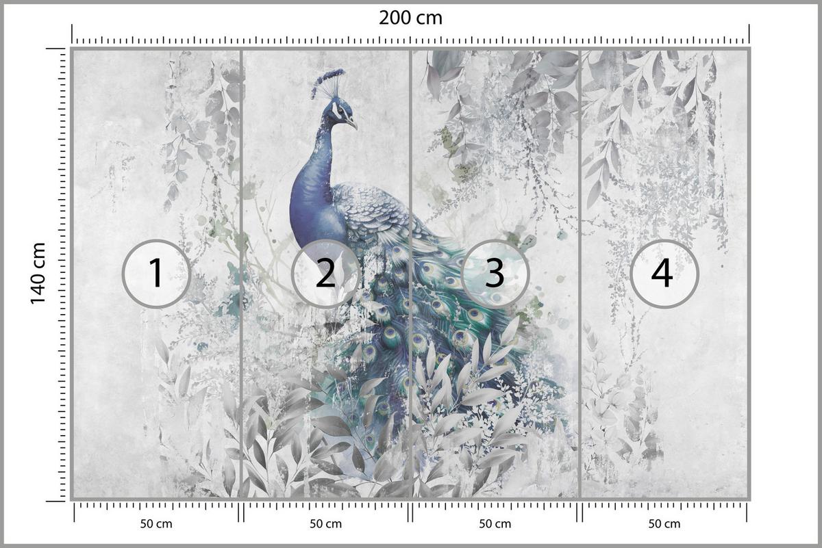 FOTOTAPETE für Schlafzimmer Abstrakte Vogel Pfau Beton Blätter 200x140 - Türkis/Blau, Papier (200/140cm) - Muralo