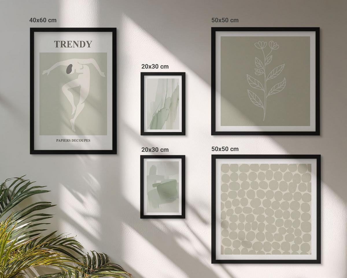 BILDER SET 5er Set - 50x50 cm & 20x30 cm & 40x60 cm Schwarzer Rahmen - Abstrakte Aquarellpflanzen - Schwarz, Kunststoff (40/60cm) - TULUP