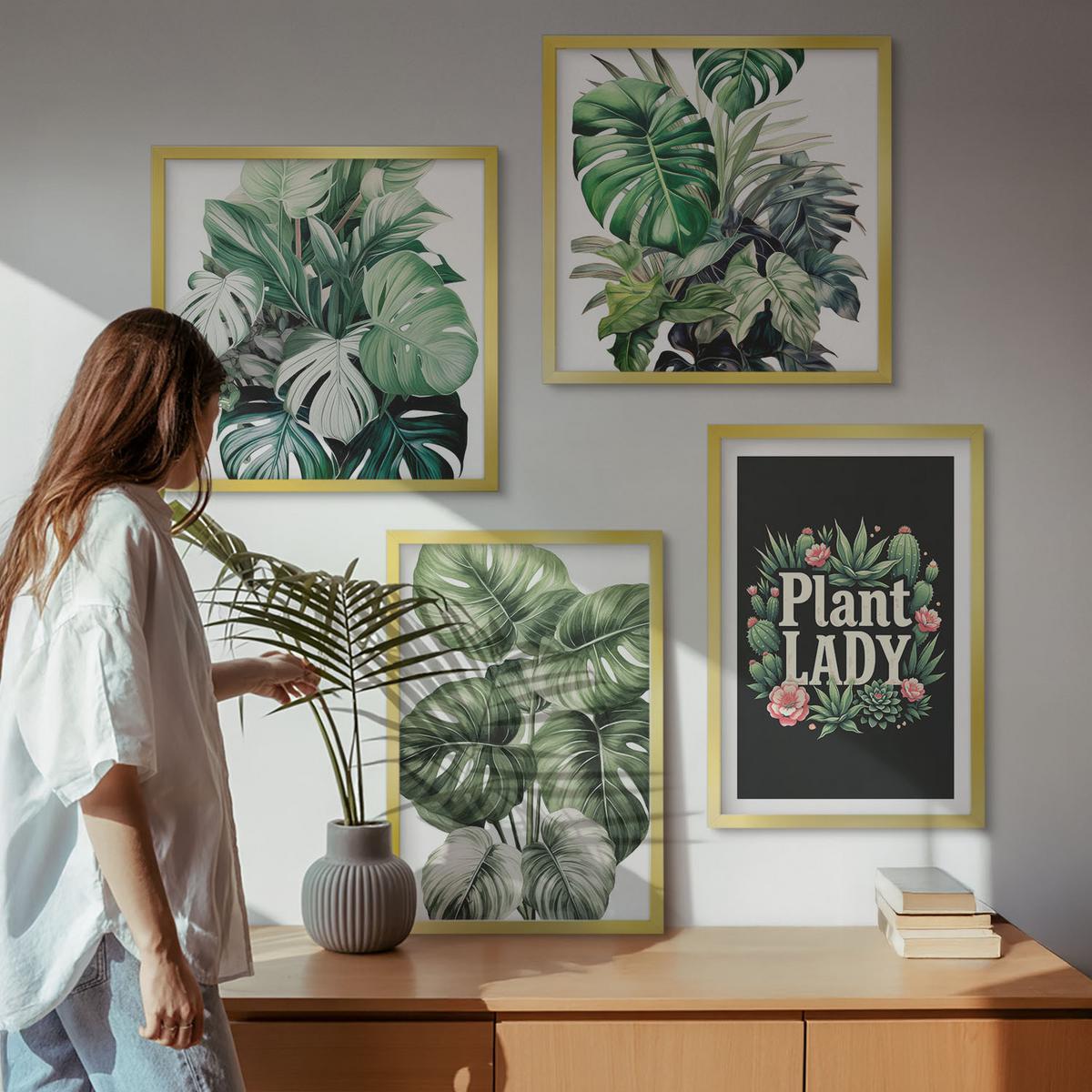 BILDER SET 4er Set - 50x50 cm & 40x60 cm Goldrahmen - Tropische Pflanzen, Pflanzenliebhaberin - Goldfarben, Kunststoff (50/50cm) - TULUP