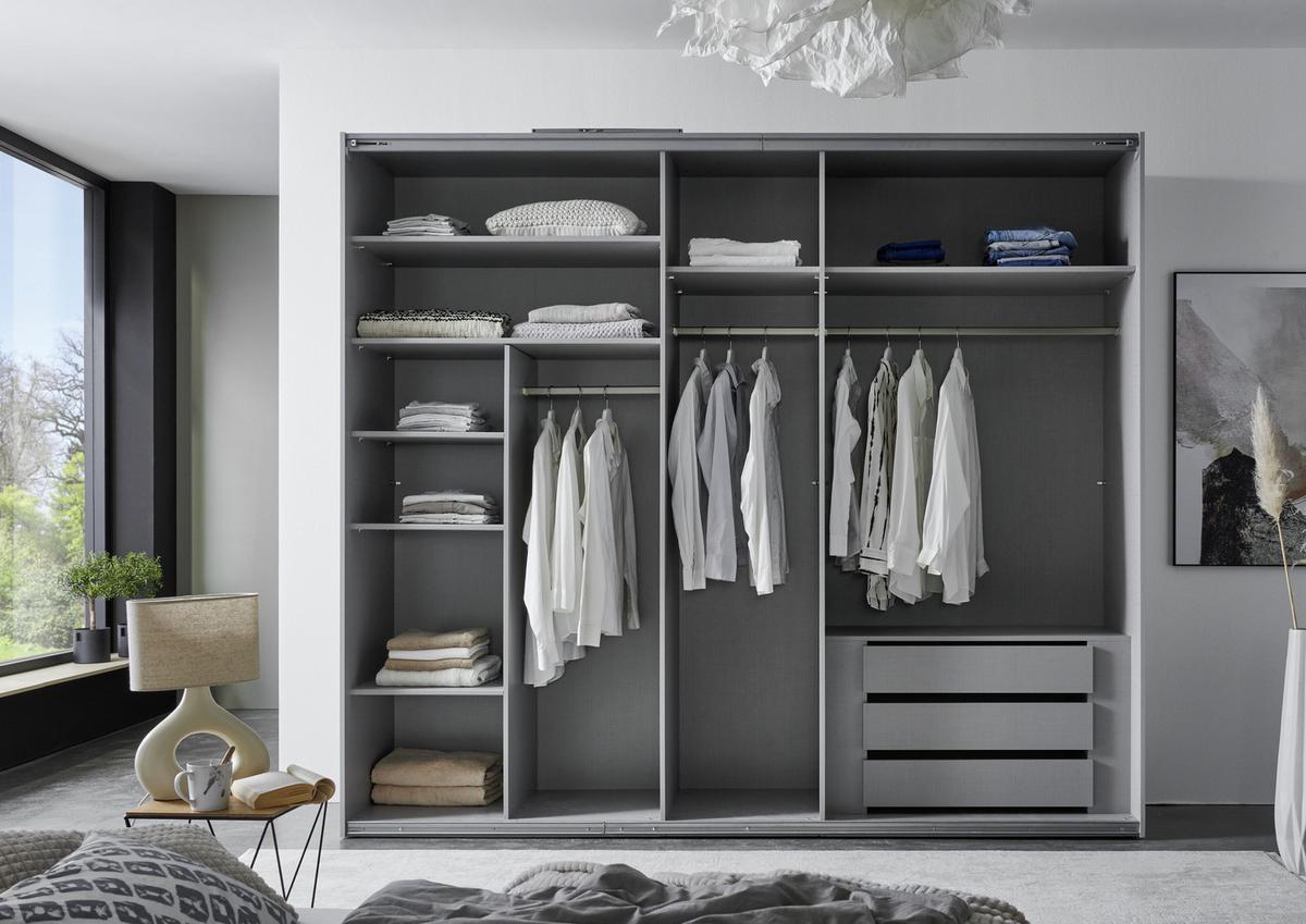SCHWEBETÜRENSCHRANK 3-türig B250/H216/T65 cm in Anthrazit, Kleiderschrank inkl. Vollausstattung/ 22012 - Anthrazit/Rot, Holzwerkstoff/Metall (250/216/65cm) - luma-home