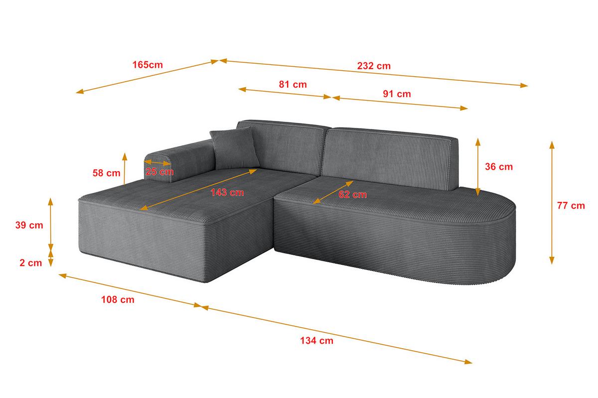 ECKSOFA Ottomane Links IREA-L1-v3 - 232x165x77 cm Duneklgrau - Dunkelgrau, Holzwerkstoff/Textil (232/165cm) - ALTDECOR