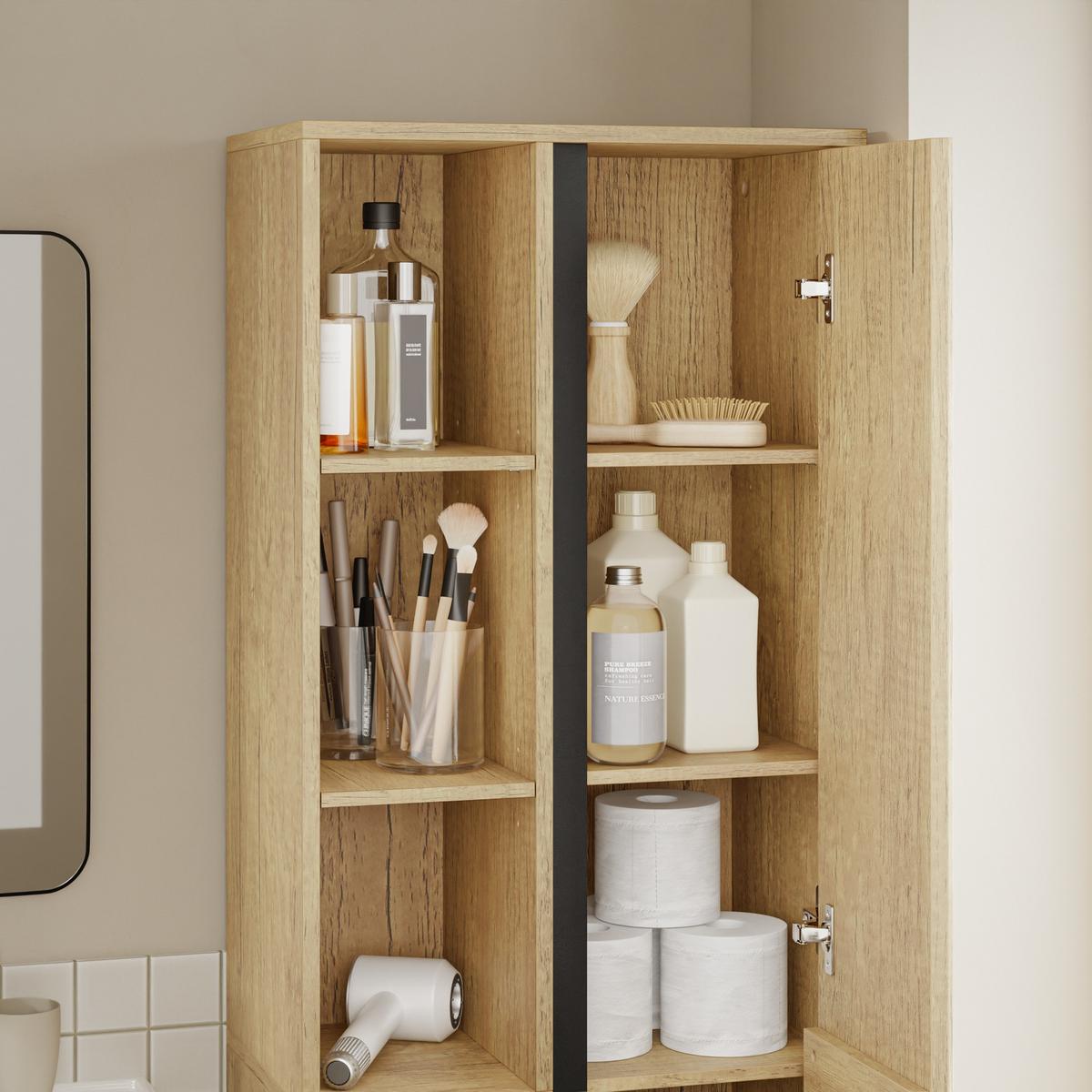 HOCHSCHRANK Badezimmerschrank mit Tür und offenen Regalfächern BZR237-E-N - Hellbraun/Eichefarben, Holzwerkstoff (30/180/50cm) - SoBuy