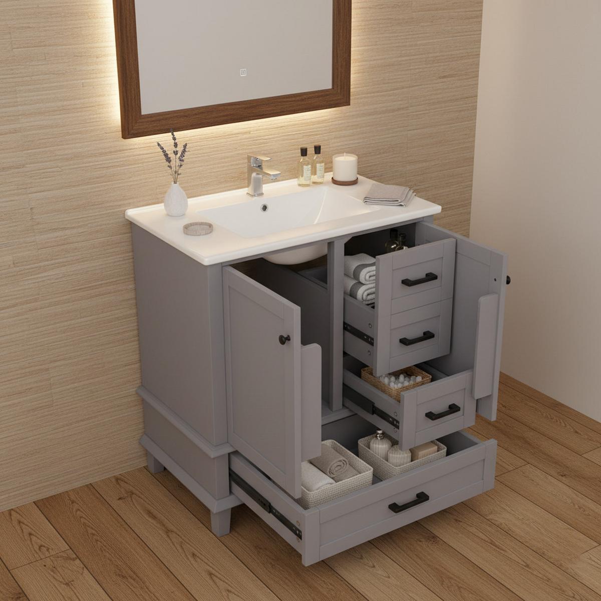 WASCHTISCHKOMBI Grau freistehend mit Keramikbecken & 3 Schubladen - Grau, Keramik/Holzwerkstoff (76/83/46cm) - Urban Meuble