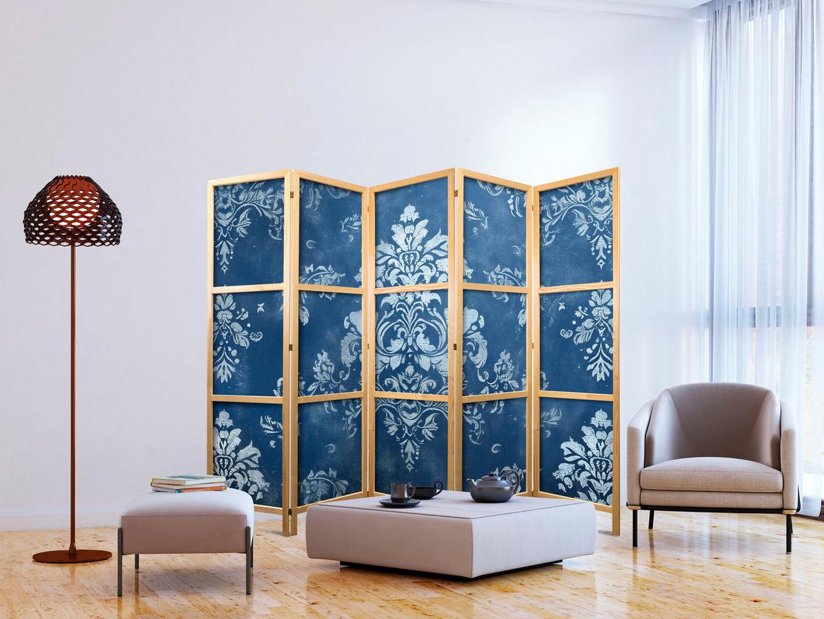 PARAVENT Japanischer 5-tlg 225x172 cm Vintage Ornamente - Blau, Holz/Textil (225/172/3cm) - Muralo
