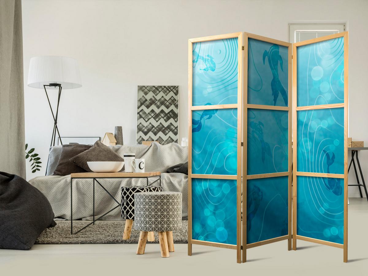 PARAVENT Japanischer 3-tlg 135x172 cm Fische unter Wasser - Blau, Holz/Textil (135/172/3cm) - Muralo