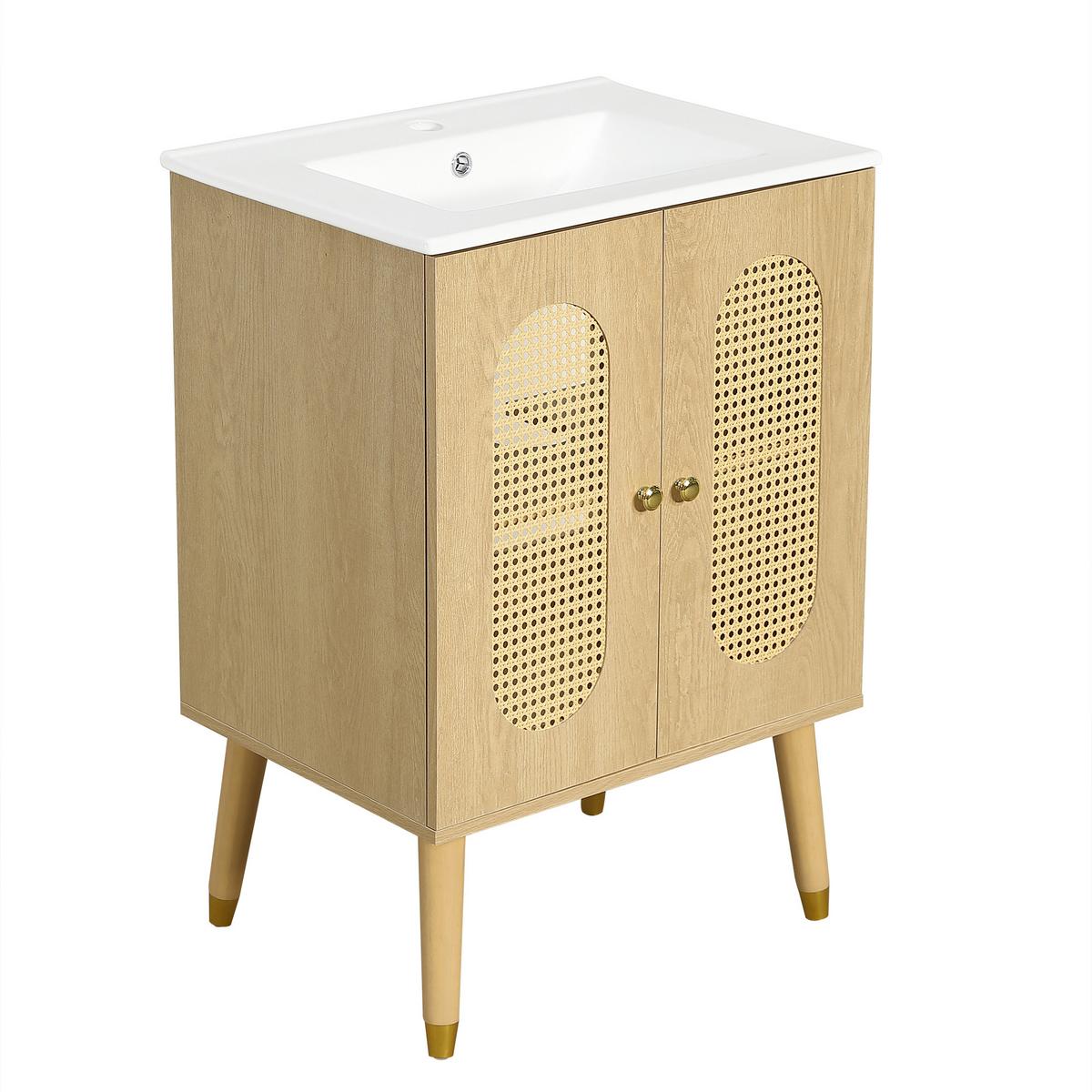 WASCHTISCHUNTERSCHRANK Holzoptik mit Rattan-Türen & Keramikbecken - Naturfarben, Holzwerkstoff (61/89/47cm) - Urban Meuble