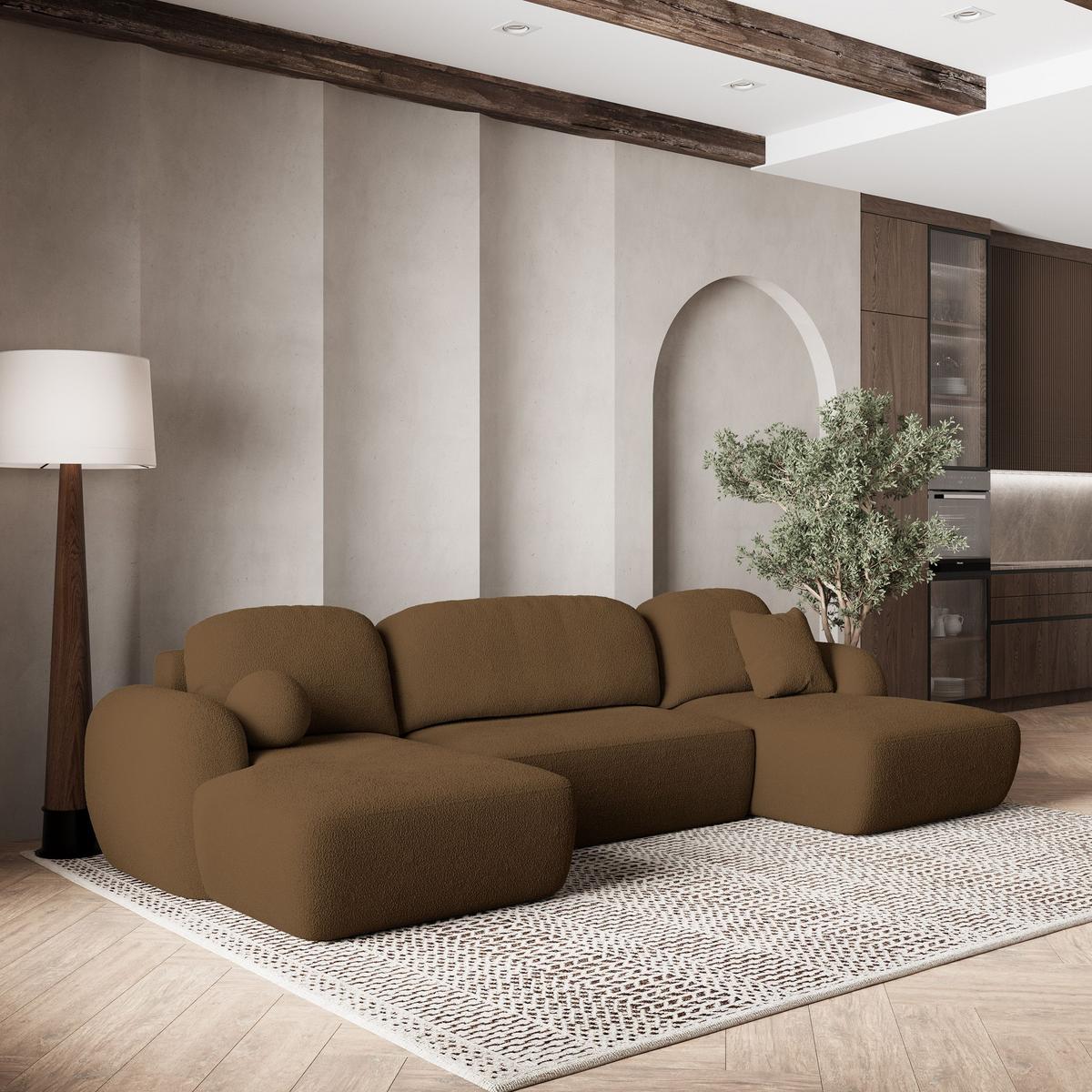 WOHNLANDSCHAFT SAVONA N Braun Boucle-Stoff mit Schlaffunktion - Schwarz/Braun, Holz/Kunststoff (320/90/148cm) - MASSENO