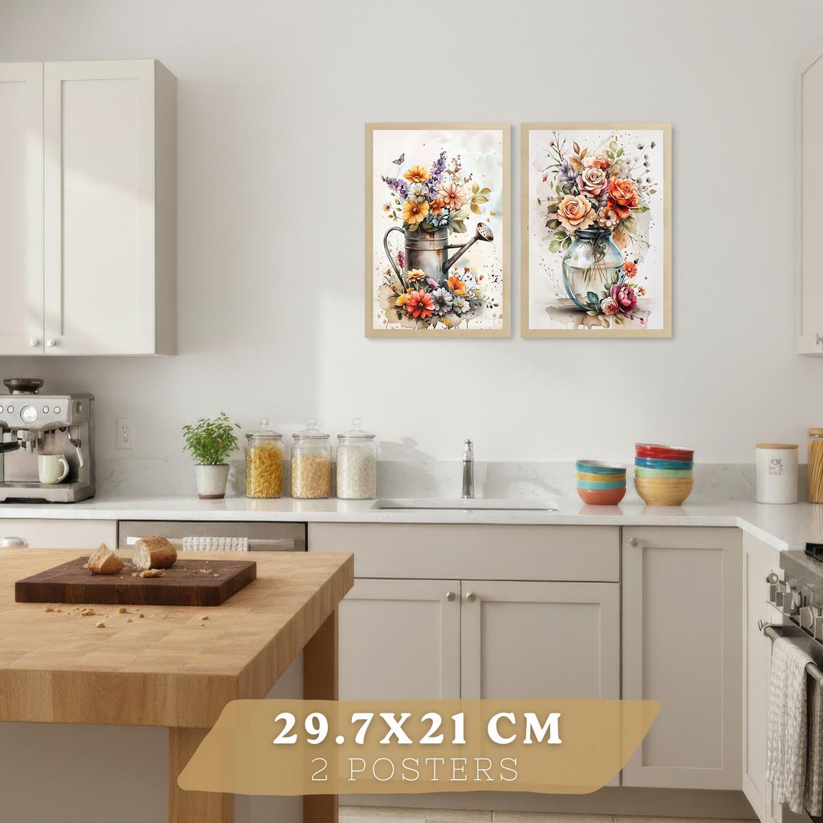 POSTER 2er Set Blumen-Wandbilder Rosen in Vase Botanisches Aquarell Bunt Küche Wohnzimmer Wanddeko Rahmenlos A4 - Beige, Papier (29.7/1/21cm) - Nacnic