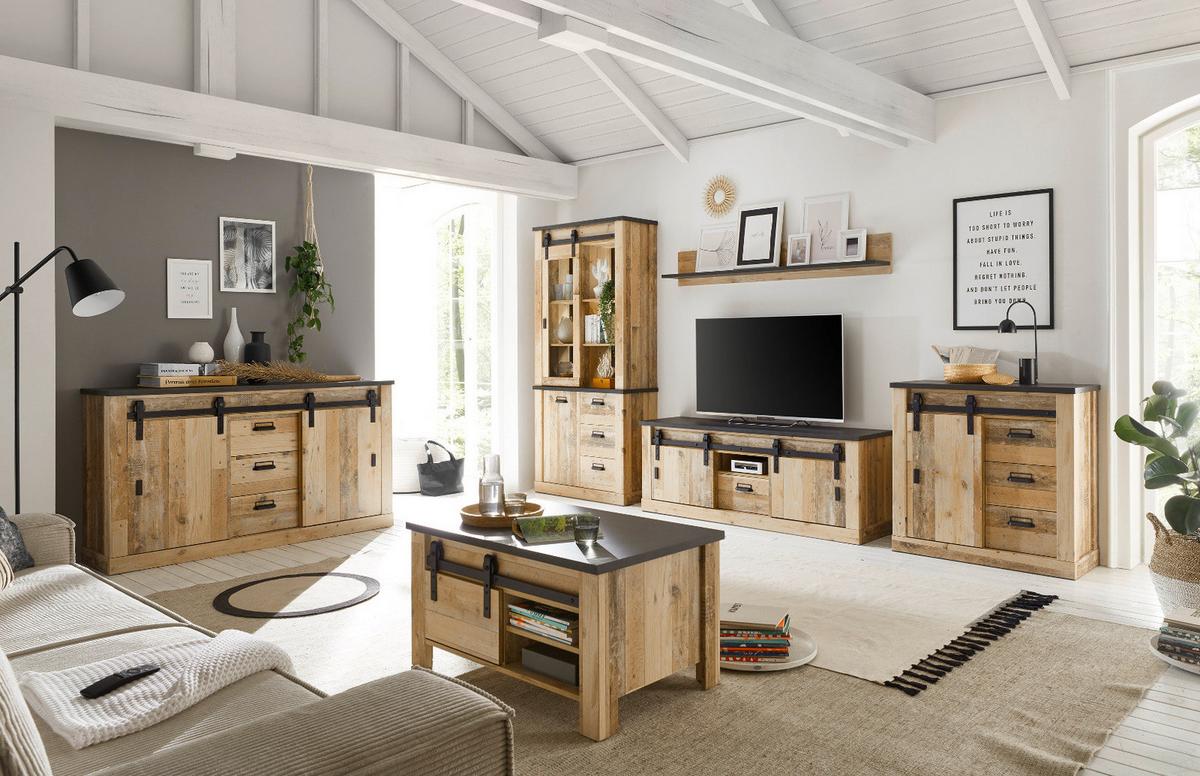 SIDEBOARD Used Wood hell, anthrazit 162 cm, Kommode mit Soft-Close - Anthrazit/Schwarz, Holzwerkstoff/Metall (162/91/43cm) - Furn.Design