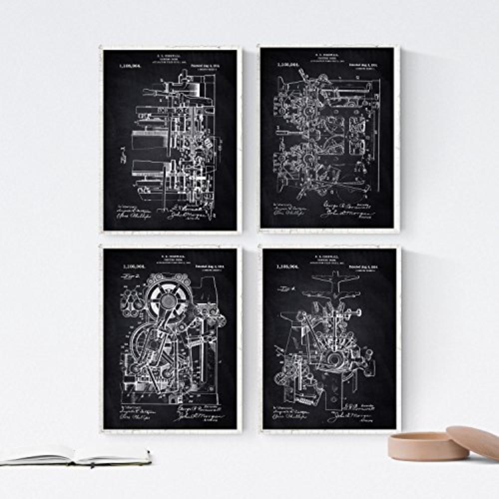 POSTER Set mit 4 Schwarz Druckerei Patent A4 Schwarzer Rahmen - Schwarz, Papier (29.7/3cm) - Nacnic
