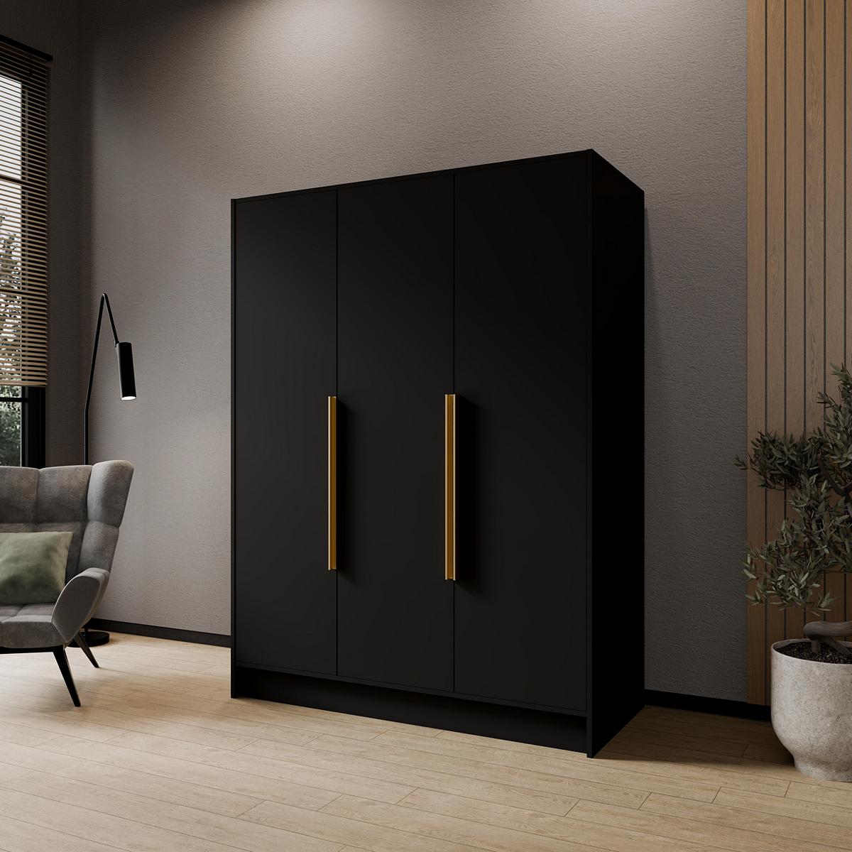 DREHTÜRENSCHRANK BERON 150/200/51 cm Modern Kleiderschrank 3-türig Schwarz - Schwarz, Holzwerkstoff (150/200/51cm) - MASSENO
