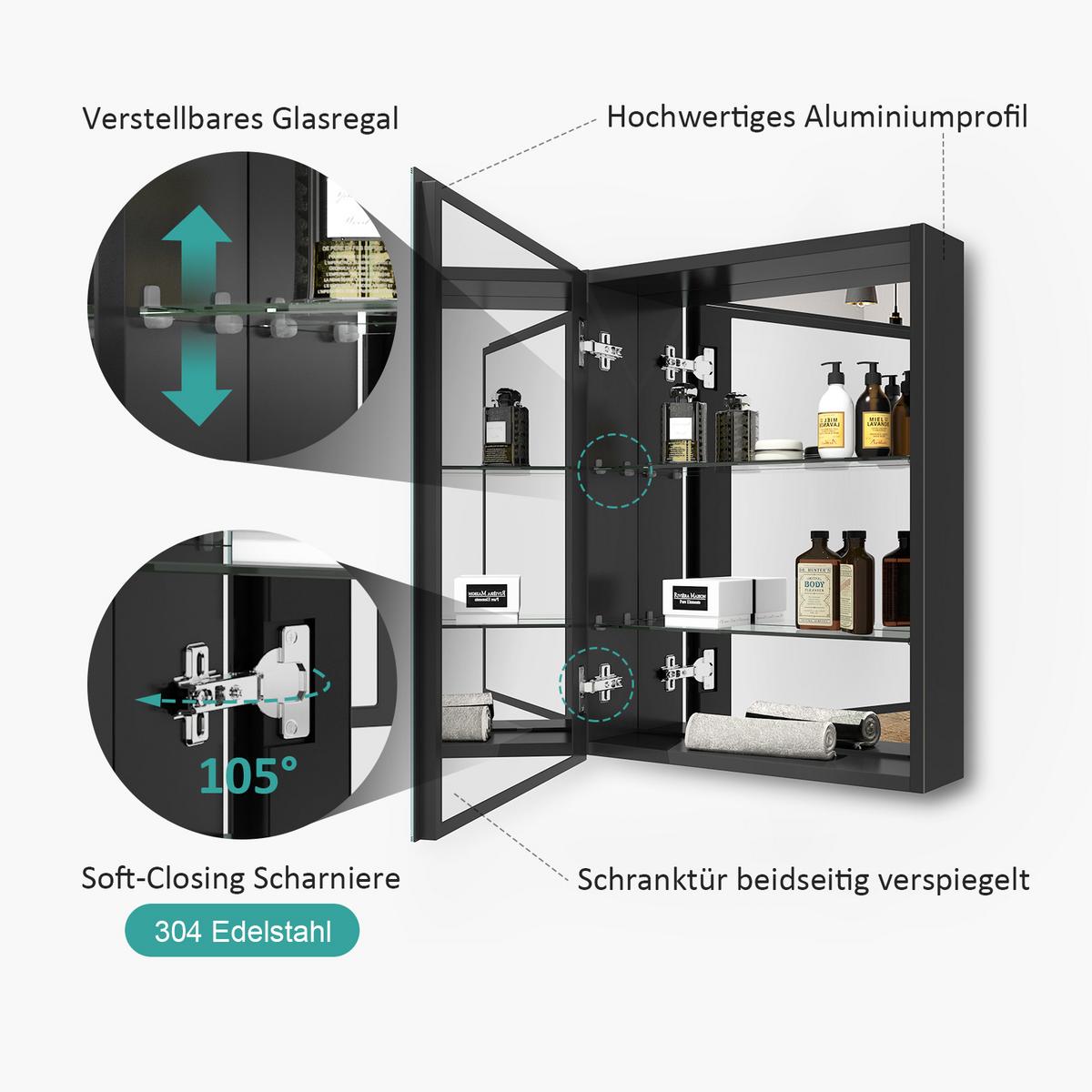SPIEGELSCHRANK 1-türig Schwarz 50/65/14,5 cm - Schwarz, Metall (50/65/14.5cm) - EMKE