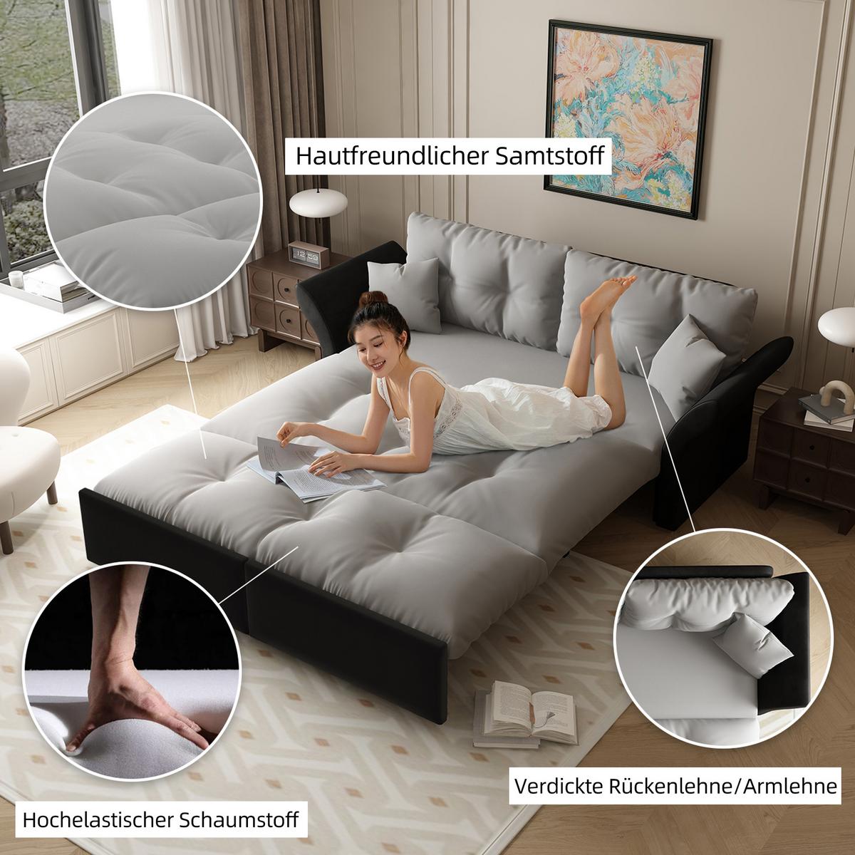 SCHLAFSOFA aus Velours im Tufting-Design, 3-in-1 Funktion und Queen-Size Bett - Hellgrau, Textil (190/91/85cm) - Urban Meuble