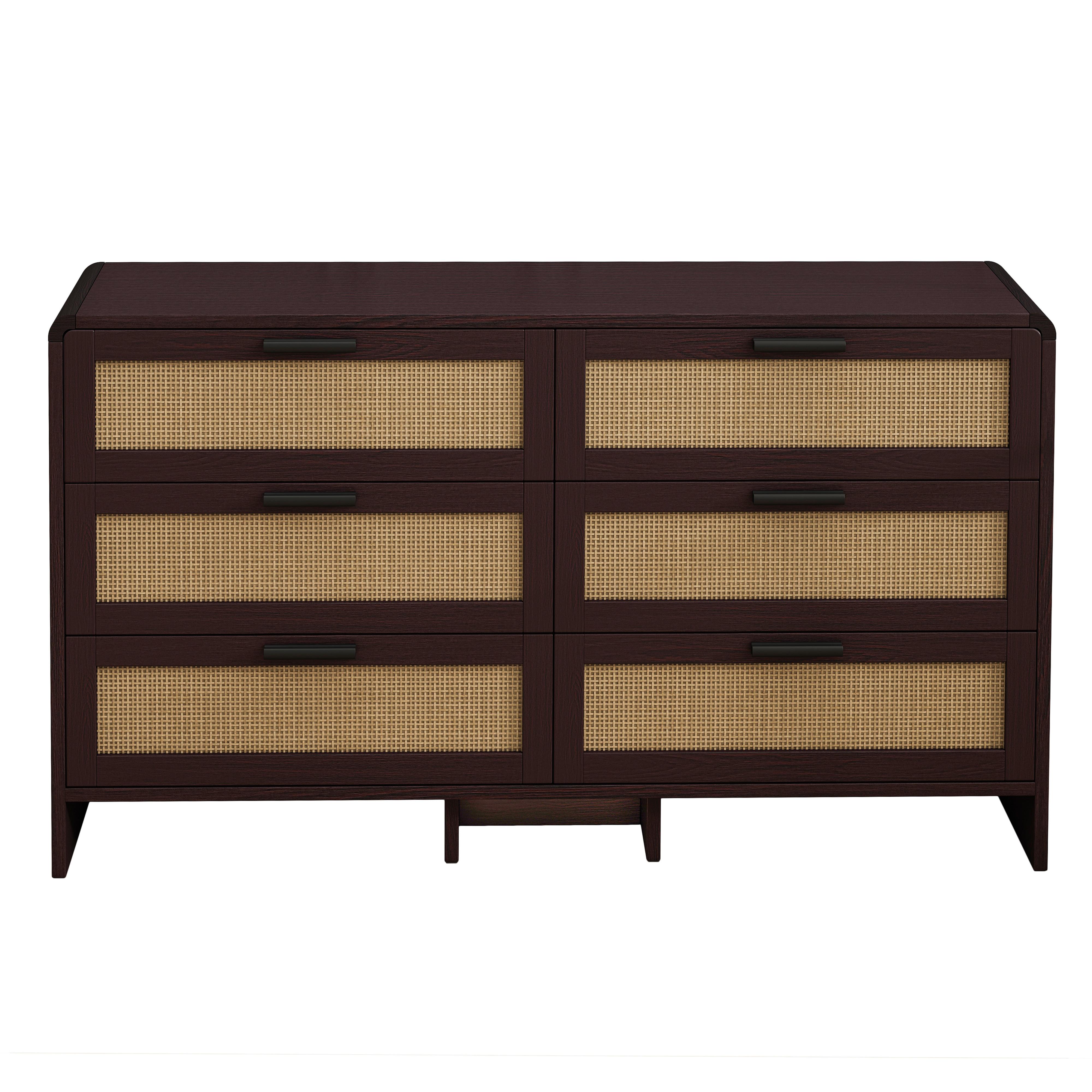SIDEBOARD holzwerkstoff in rotbraun mit rattan-geflecht, abgerundete ecken & 6 schubladen - Walnussfarben, Holzwerkstoff (130/74/40cm) - Urban Meuble