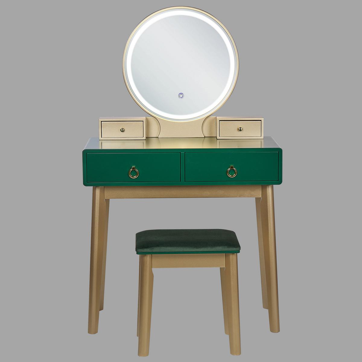 SCHMINKTISCH mit rundem LED-Spiegel Hocker 4 Schubladen grün/gold Fedry - Goldfarben/Grün, Holzwerkstoff (80/134/40cm) - Beliani