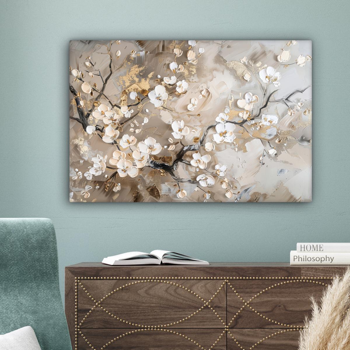 LEINWANDBILD Blumen - Weiß - Gold - Beige - Luxus Gemälde 60x40 cm - Greige, Textil (60/40cm) - MuchoWow