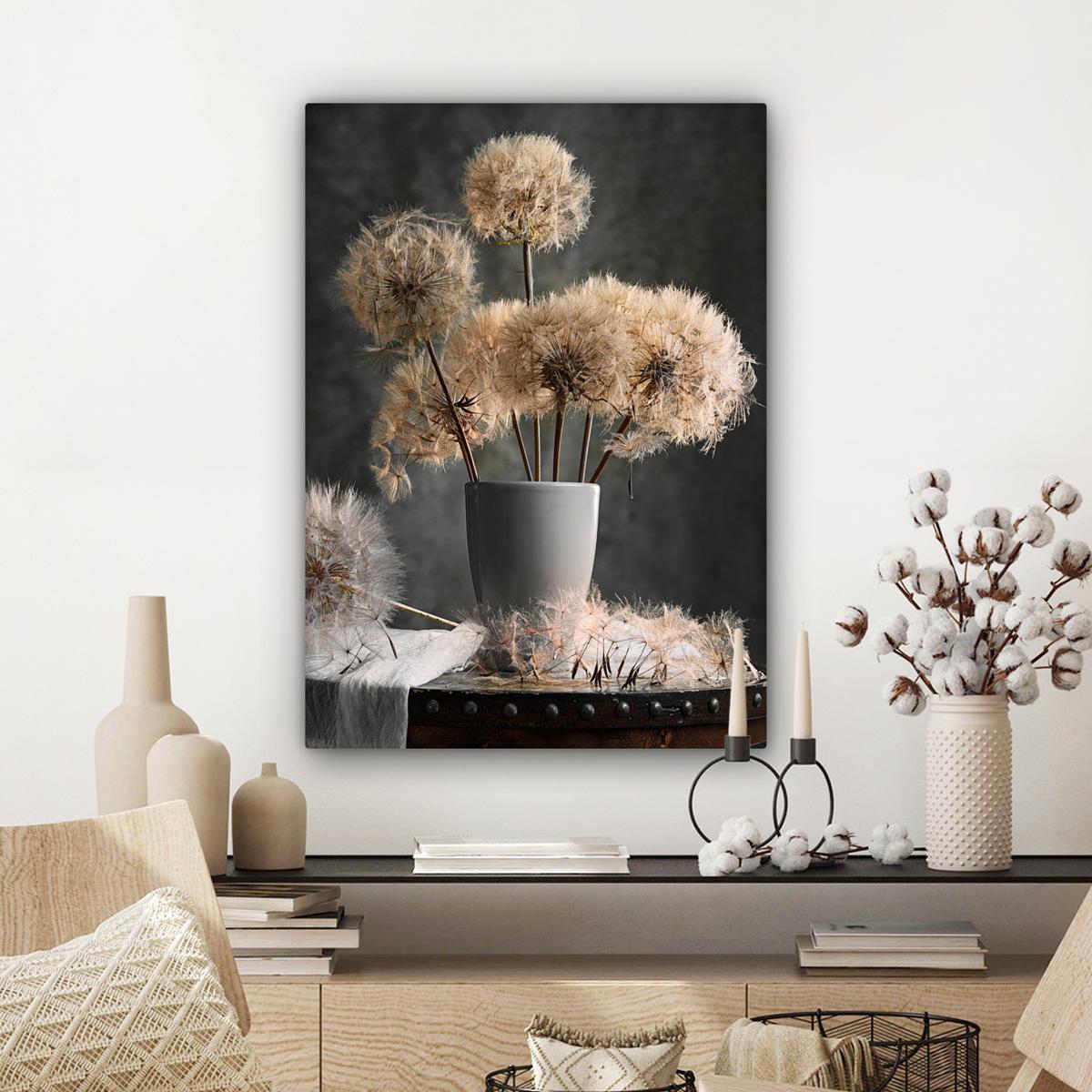 LEINWANDBILD Blumensamen - Löwenzahn - Vase - Stilleben - Blumenstrauß Wandbild Wohnzimmer 60x80 cm - Dunkelgrau, Textil (60/80cm) - MuchoWow