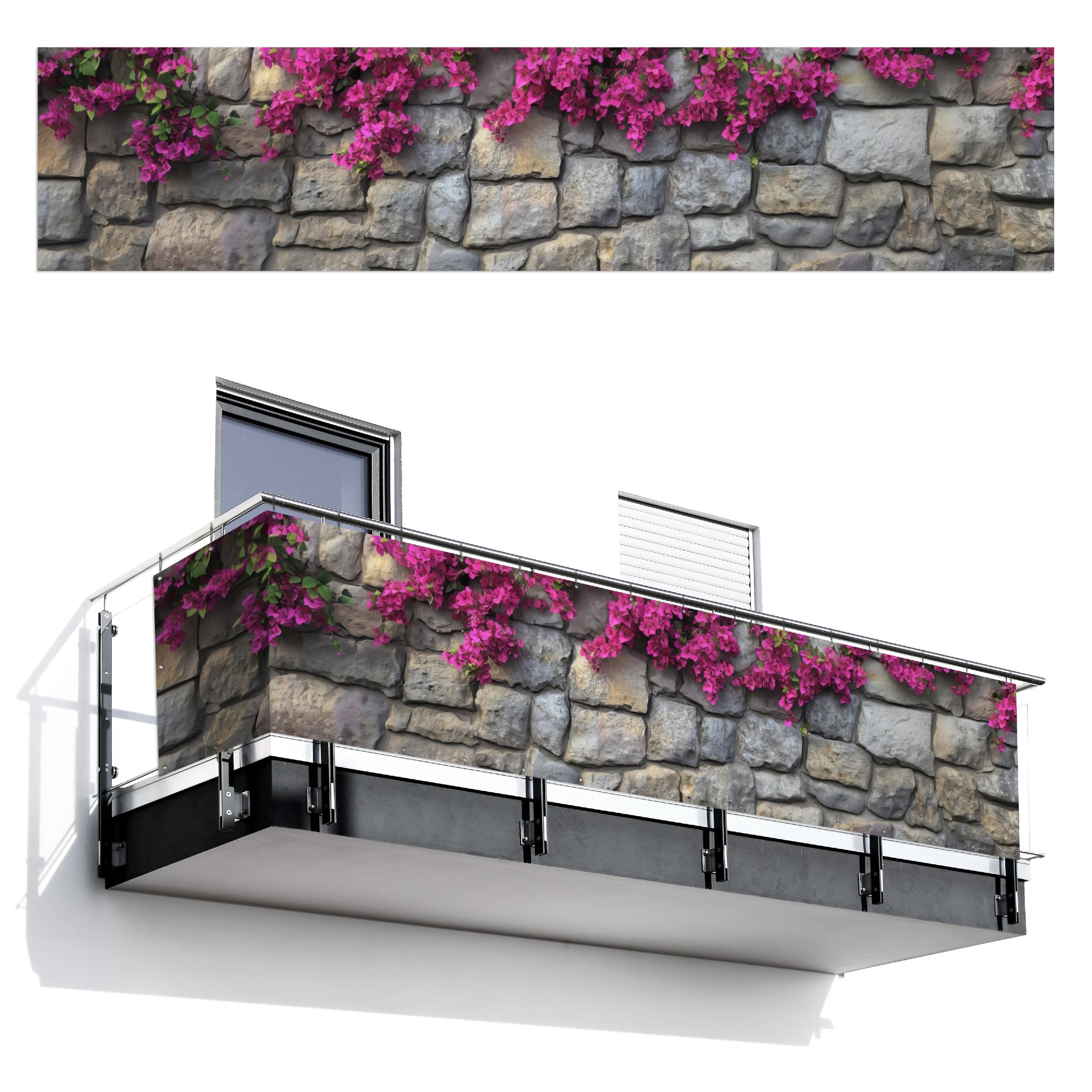 BALKON-SICHTSCHUTZ Bougainvillea - Steinmauer - Rosa Deko XXL 500x110 cm - Magenta, Kunststoff (500/110cm) - MuchoWow