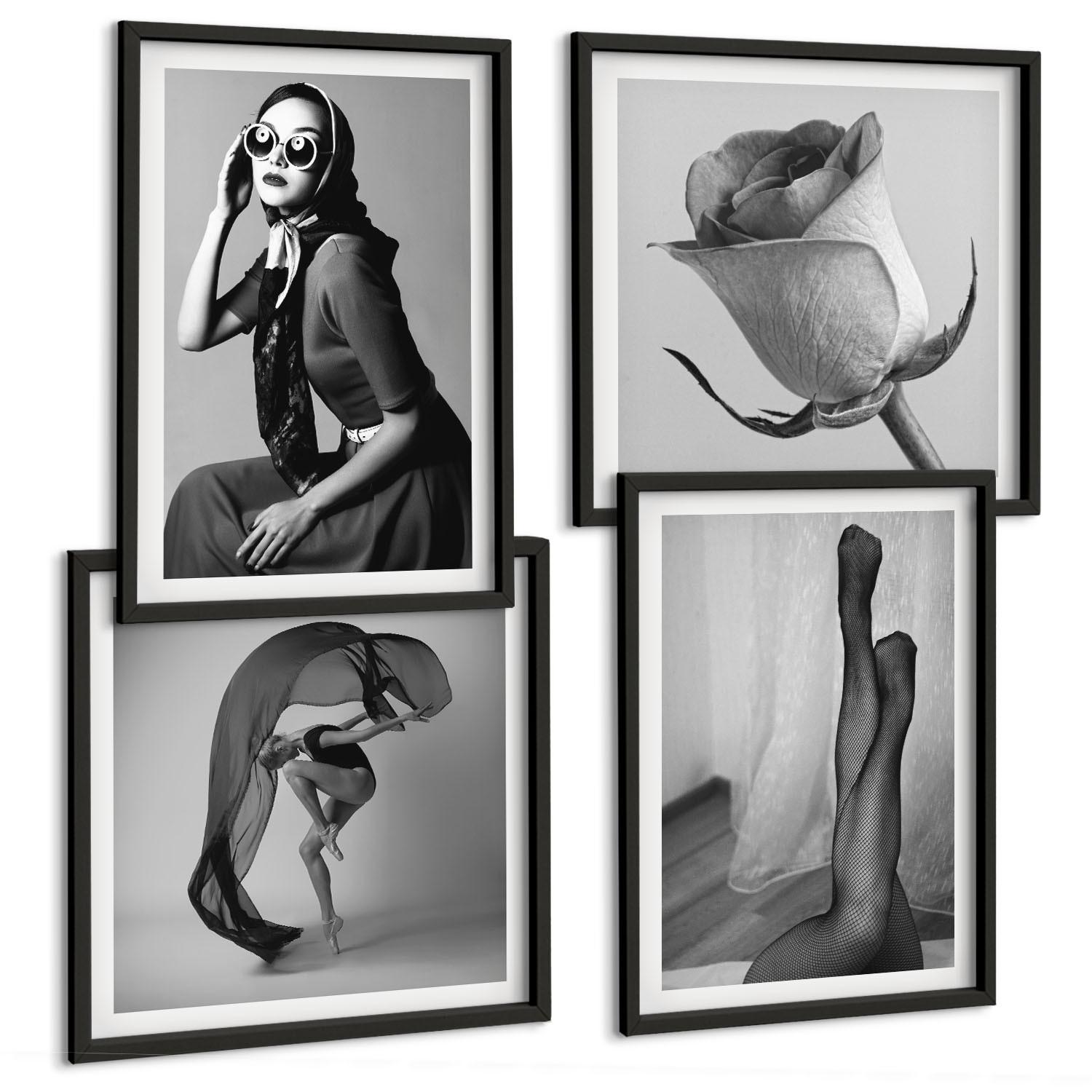 BILDER SET 4er Set - 50x50 cm & 40x60 cm Schwarzer Rahmen - Stilvolle Porträts eleganter Frauen - Schwarz, Kunststoff (50/50cm) - TULUP
