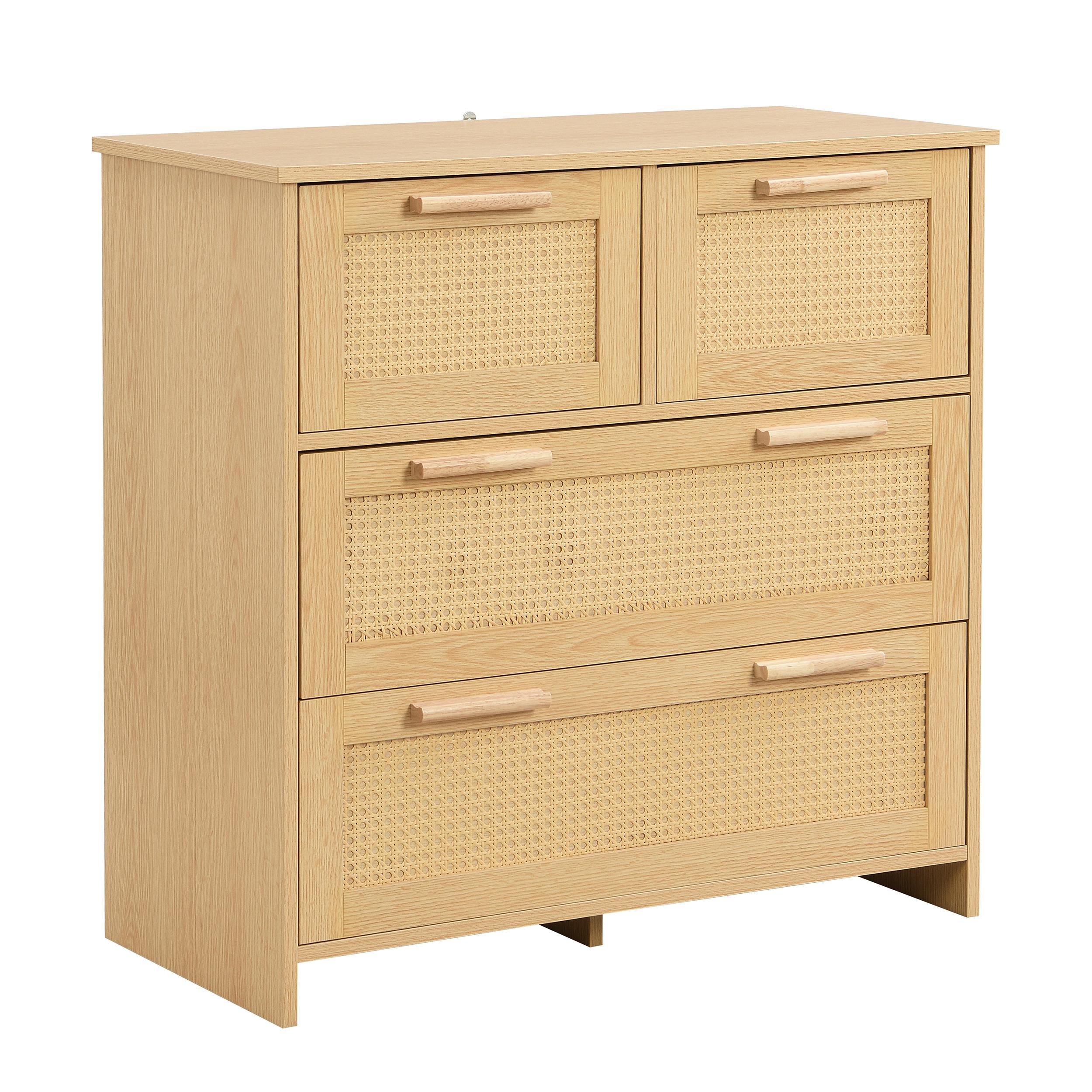 SIDEBOARD Rattan kommode mit 4 Schubladen & Massivholz Griffen - Eichefarben, Naturmaterialen/Holzwerkstoff (80/80/38cm) - Urban Meuble