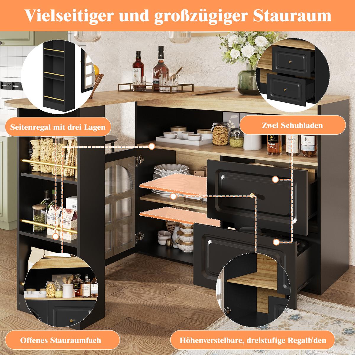 BARTISCH 360° Drehbar Schwarz Ausziehbar Sideboard mit Glastür & Schubladen - Schwarz, Holzwerkstoff (39/138/104cm) - Urban Meuble
