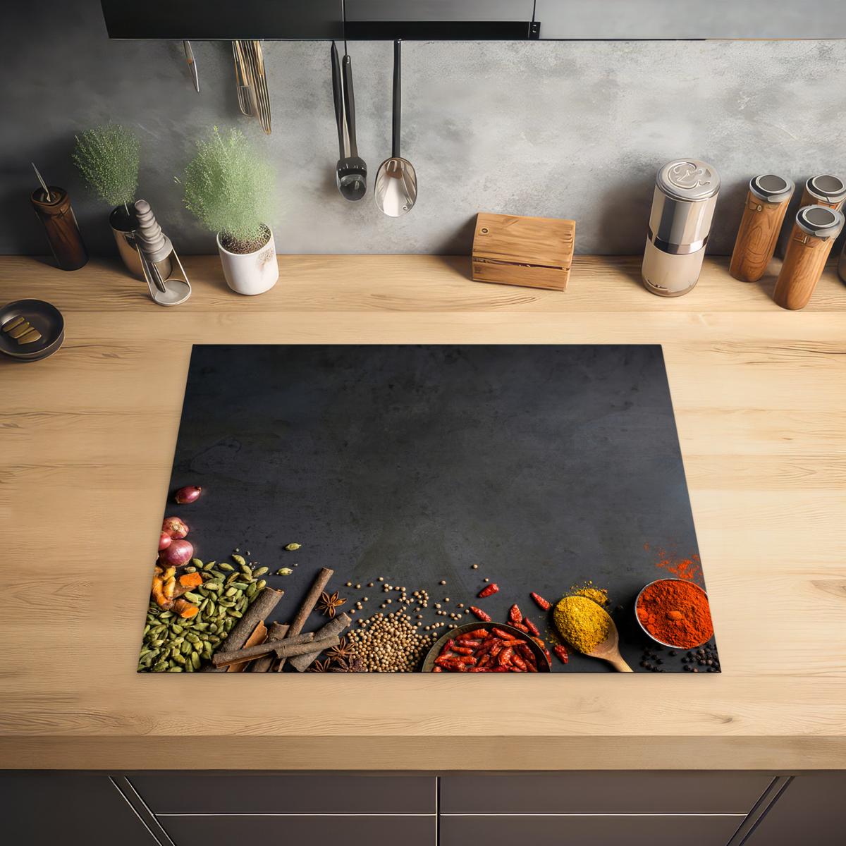 HERDABDECKPLATTE Kräuter - Lebensmittel - Gewürze - Schwarz - Paprika - Zimt Herdabdeckung Induktionsfeld 65x52 cm - Currygelb, Kunststoff (65/52/0.2cm) - MuchoWow