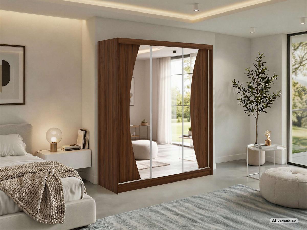 SCHWEBETÜRENSCHRANK mit Schubladen 180 - VERONA - Warmia Walnuss mit Spiegel - Walnussfarben/Alufarben, Holzwerkstoff/Metall (180/216/61cm) - MKS
