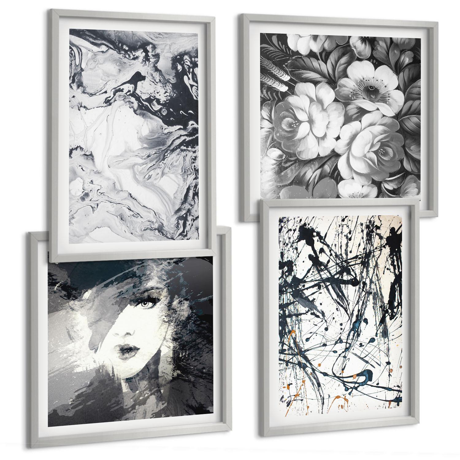 BILDER SET 4er Set - 50x50 cm & 40x60 cm Silberner Rahmen - Abstrakte schwarz-weiße Muster - Silberfarben, Kunststoff (50/50cm) - TULUP