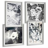BILDER SET 4er Set - 50x50 cm & 40x60 cm Silberner Rahmen - Abstrakte schwarz-weiße Muster - Silberfarben, Kunststoff (50/50cm) - TULUP